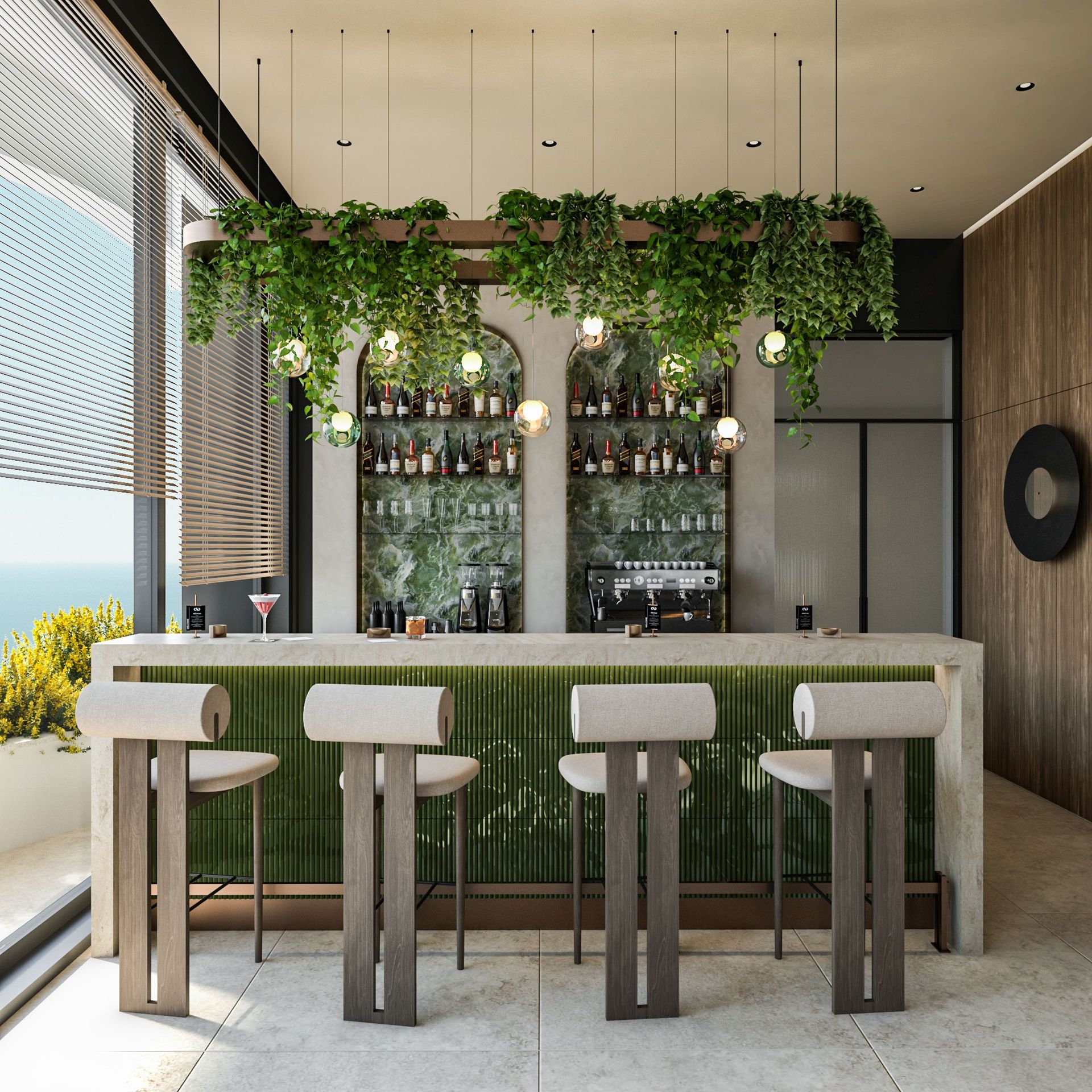 Stylish bar with marble finishes and greenery in the Reževići residential complex, Montenegro: modern furniture and panoramic sea view.