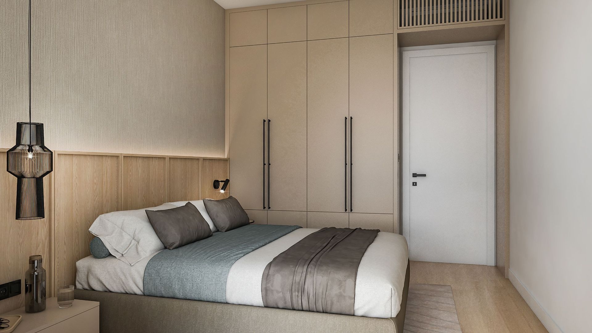 Modern bedroom in Reževići residential complex, Montenegro: double bed, built-in wardrobe, and stylish lighting.