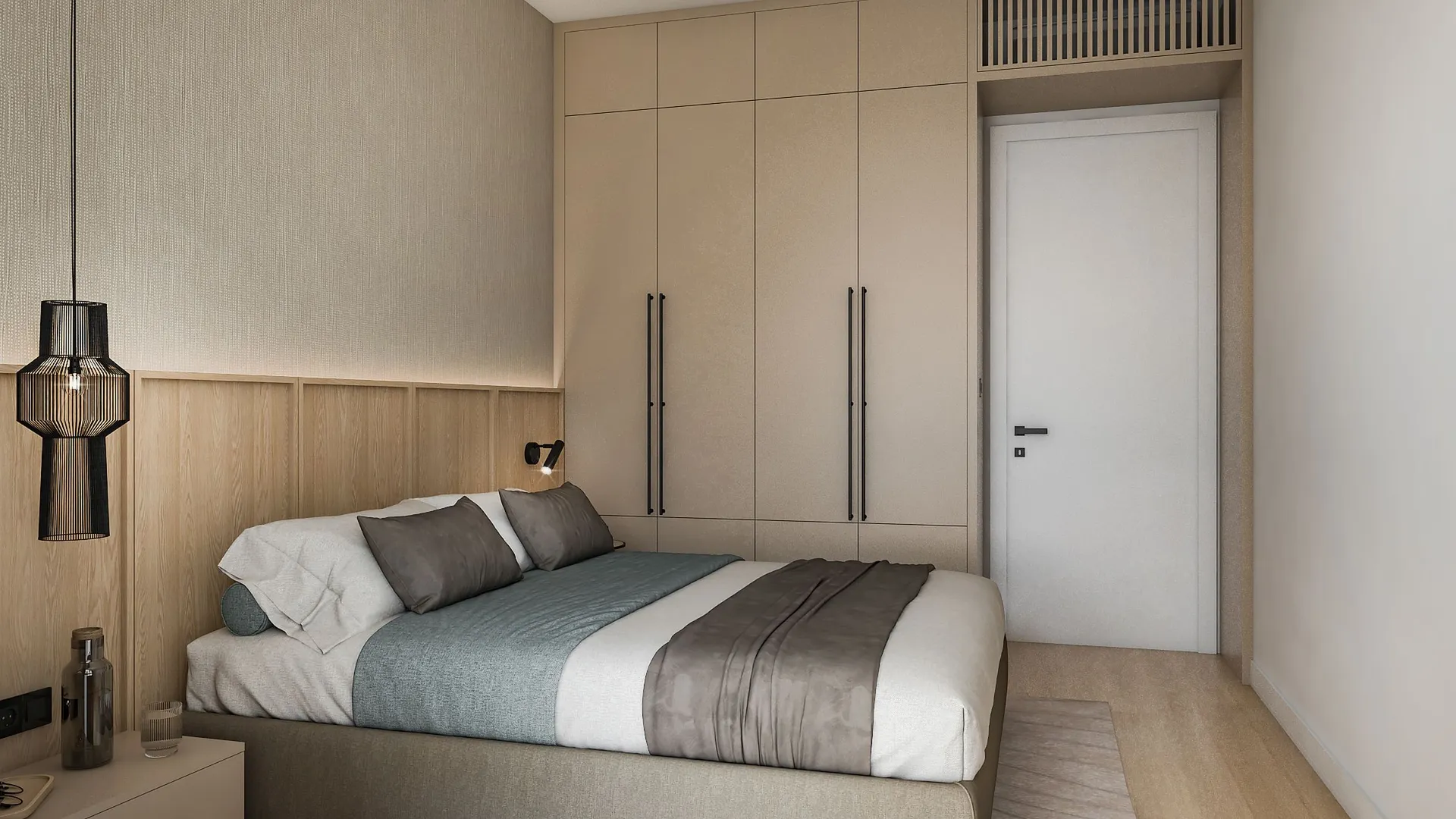 Modern bedroom featuring a wooden headboard, beige wardrobe, and black pendant lamp.