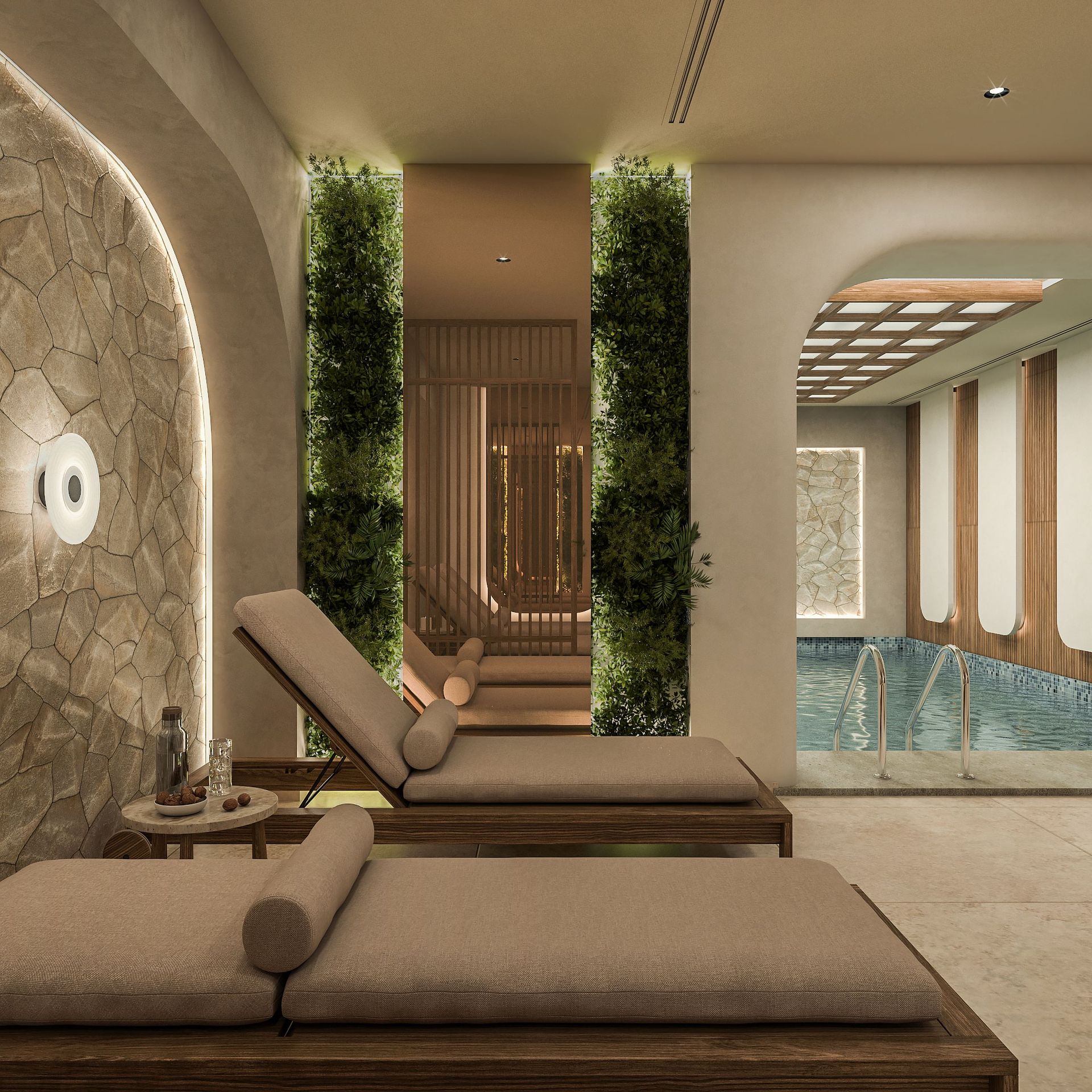 Relaxation area with sun loungers and an indoor pool in a residential complex, Reževići, Montenegro: modern design, stone finishes.