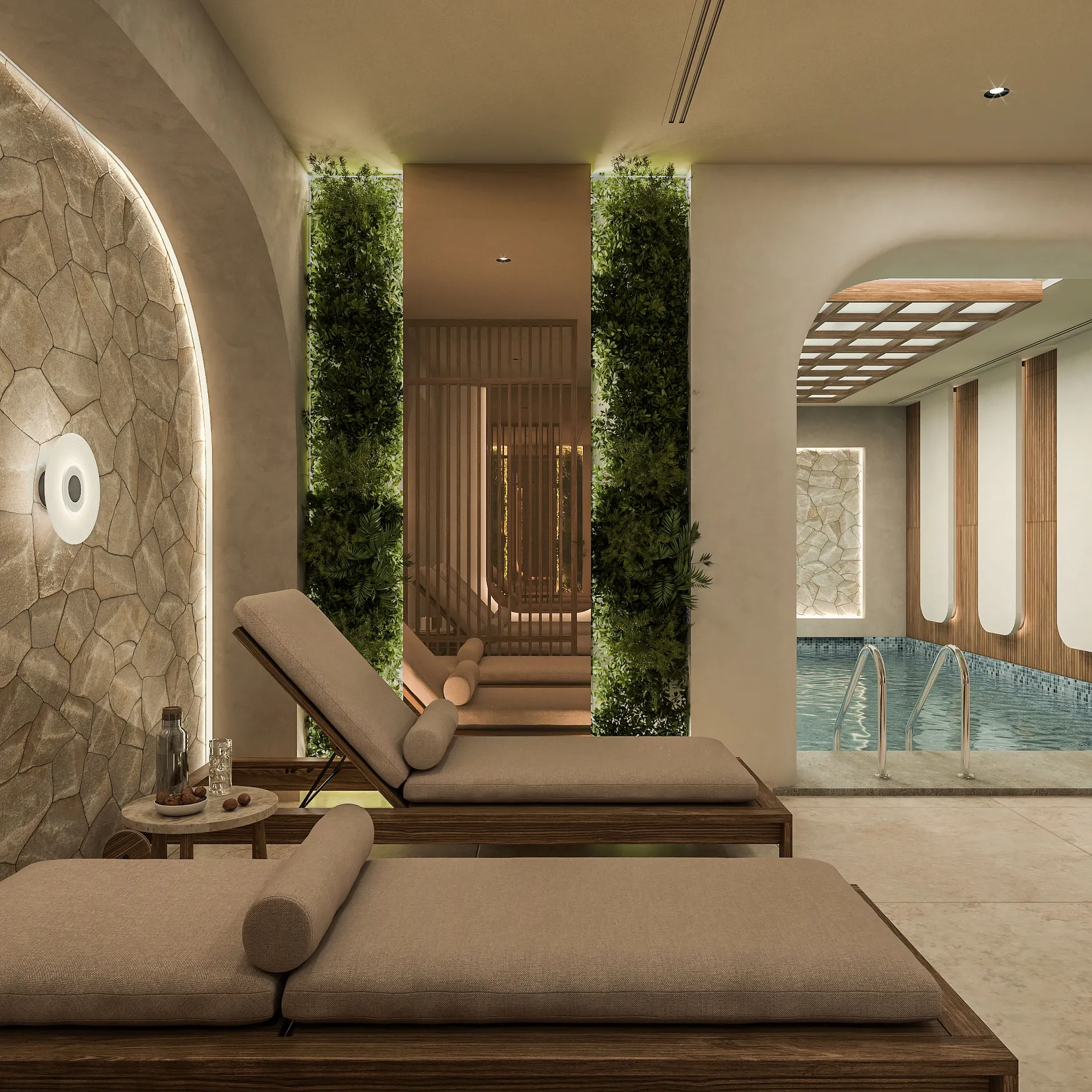 Relaxation area by an indoor pool with wooden lounge chairs and vertical green walls.