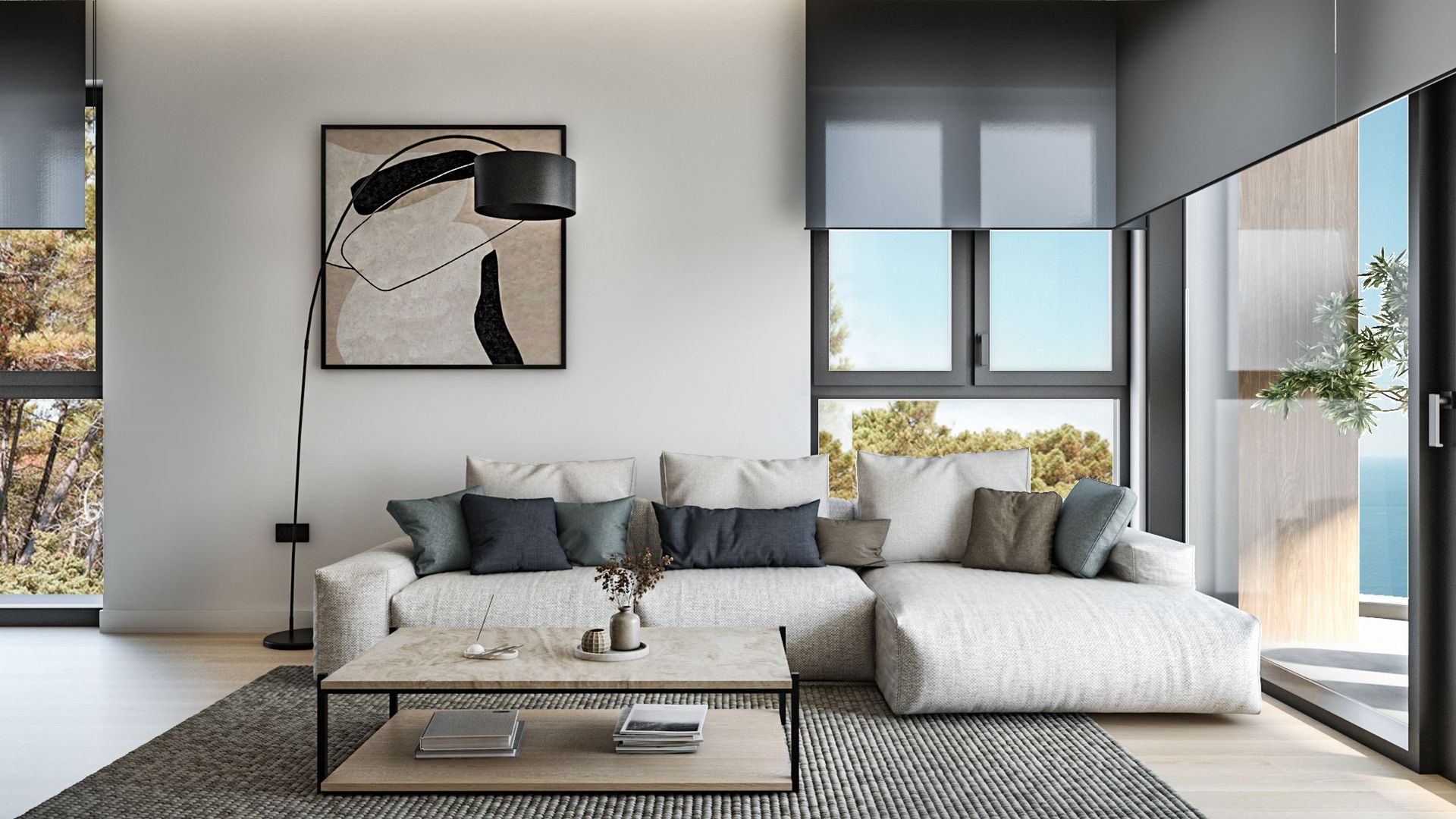 Modern living room in the Reževići residential complex, Montenegro: a light-colored sofa, coffee table, and panoramic view of the sea and forest.