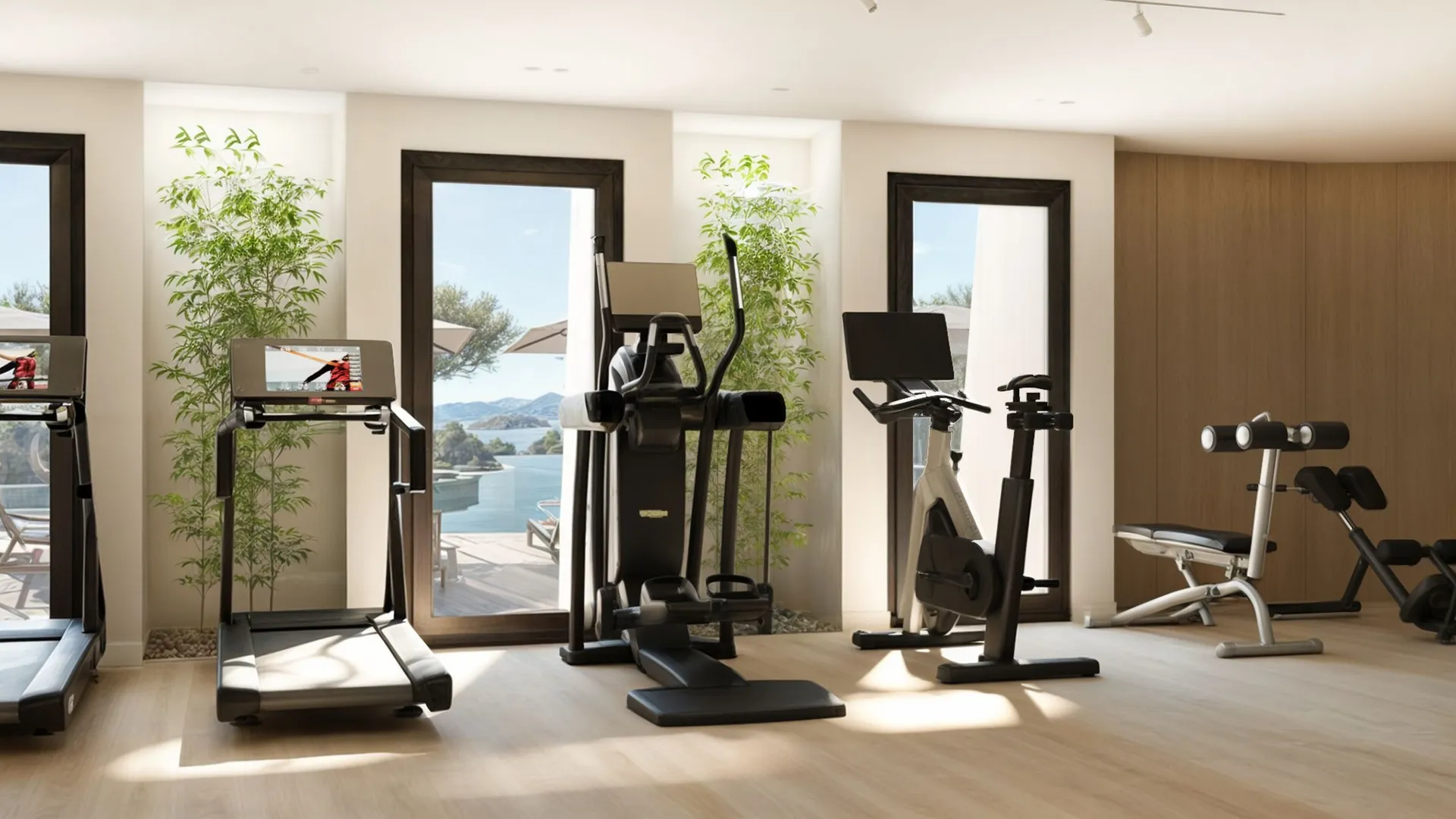 Bright home gym featuring treadmills, an elliptical trainer, and a stationary bike. Large windows offer a panoramic view of the sea and pier.