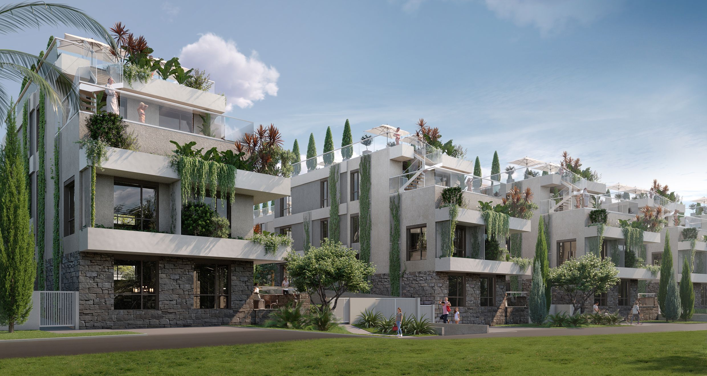 Modern residential complex in Tivat, Montenegro: landscaped terraces, stone facade finish, and exterior view.
