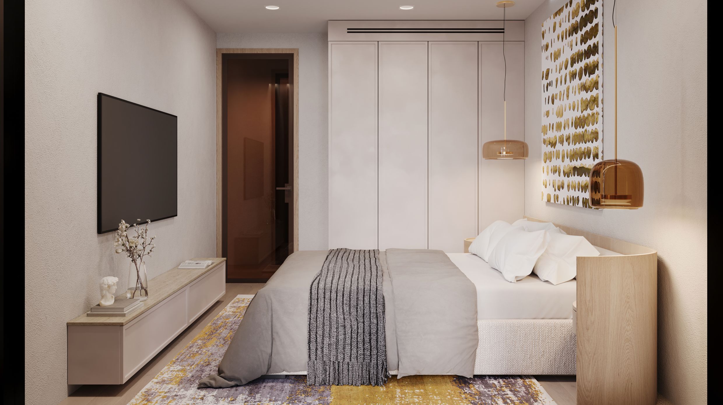 Modern bedroom in a Tivat residential complex apartment, Montenegro: double bed, built-in wardrobe, TV, and stylish decor.