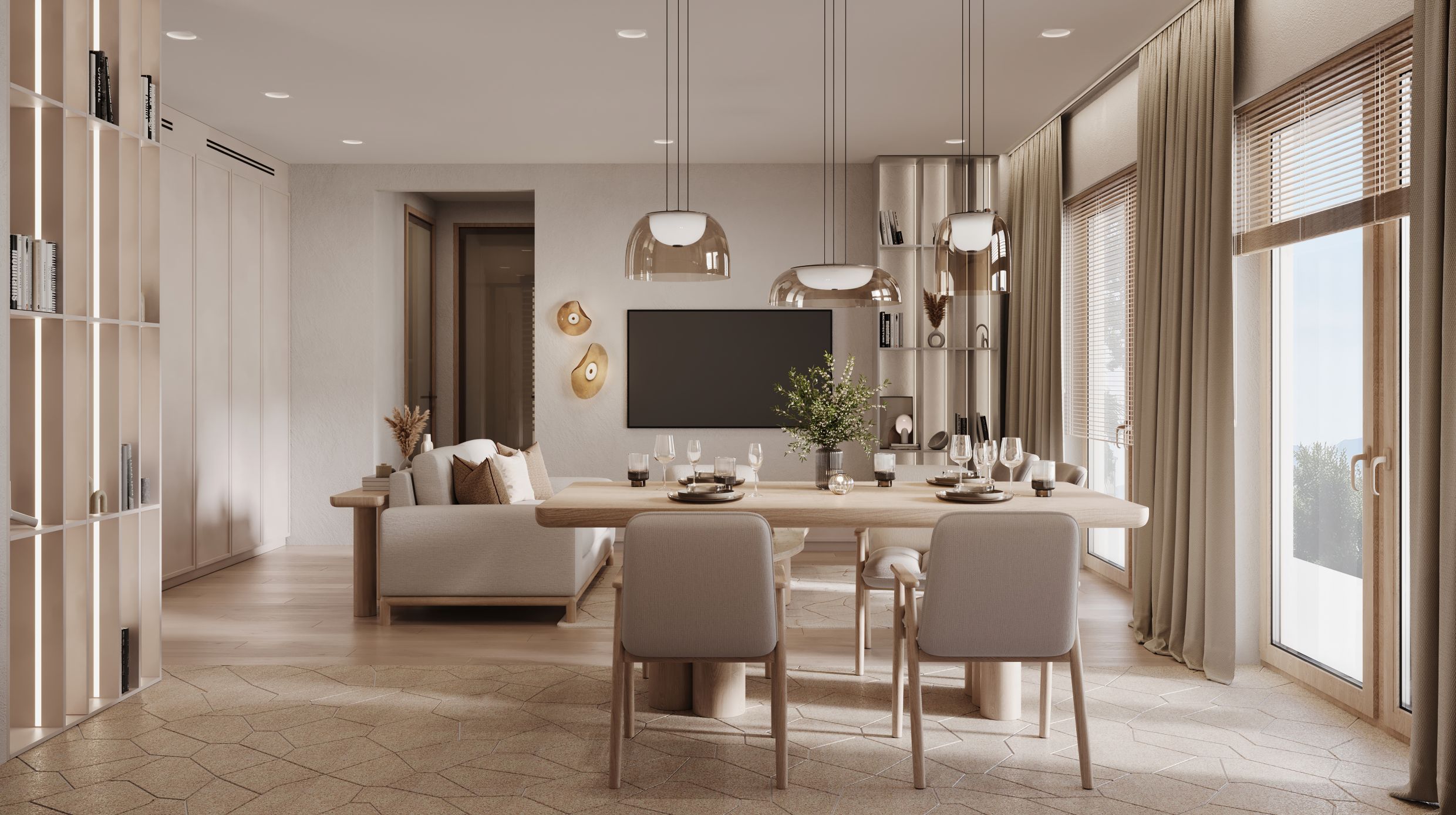 Modern living room with a dining area in a Tivat residential complex apartment, Montenegro: bright interior, wooden furniture, and decor.