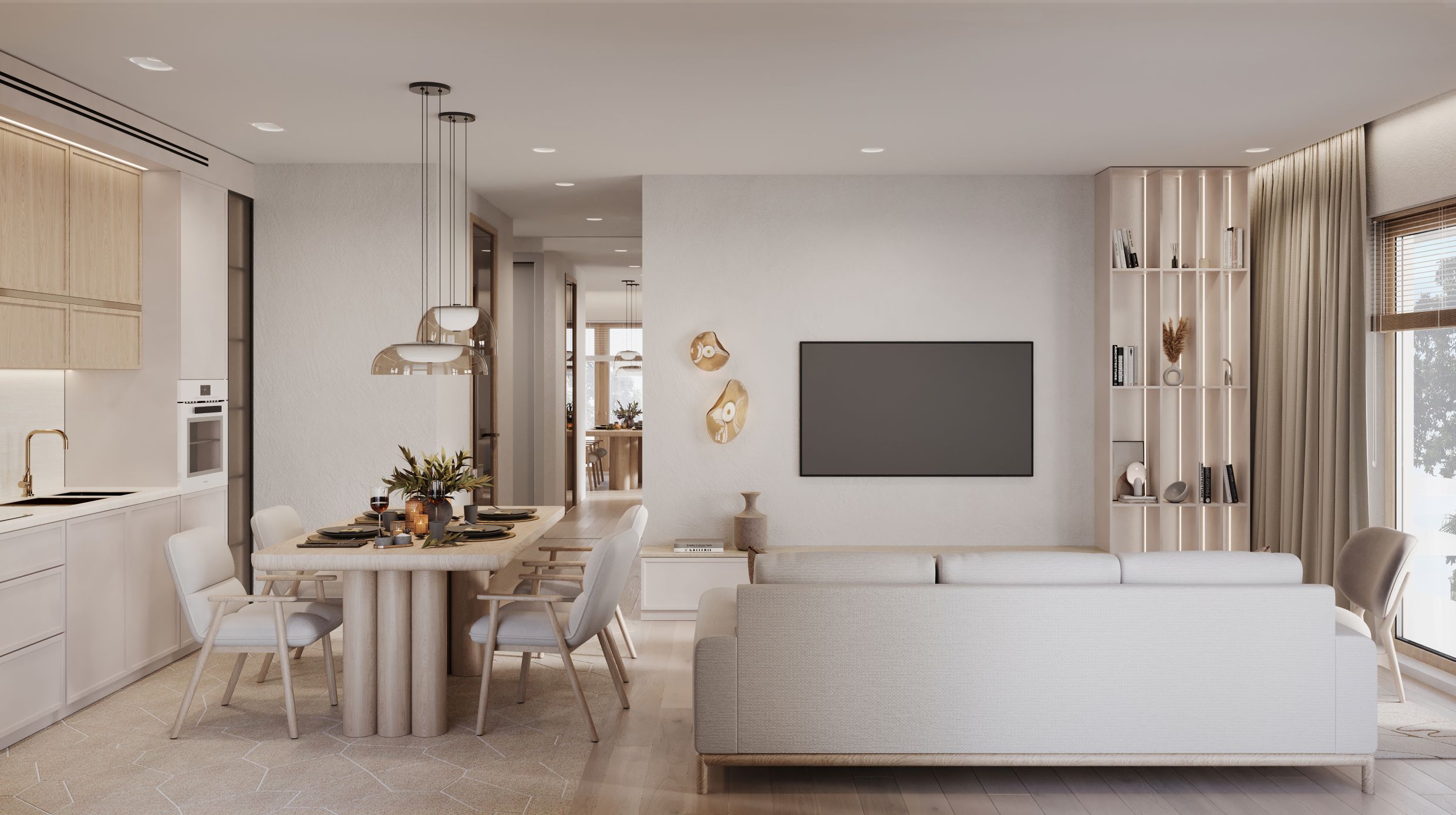 Modern living room with a kitchen in a Tivat residential complex apartment, Montenegro: bright interior, dining area, and upholstered furniture.