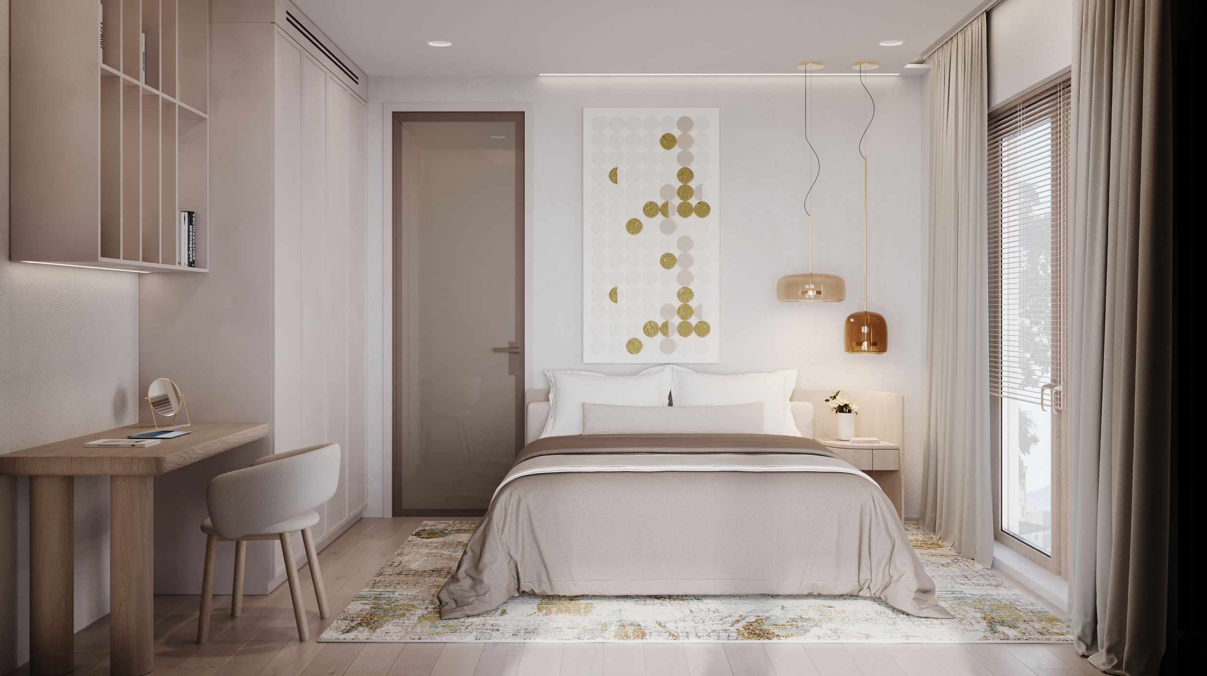 Modern bedroom in an apartment in Tivat, Montenegro: double bed, desk, and designer lighting.