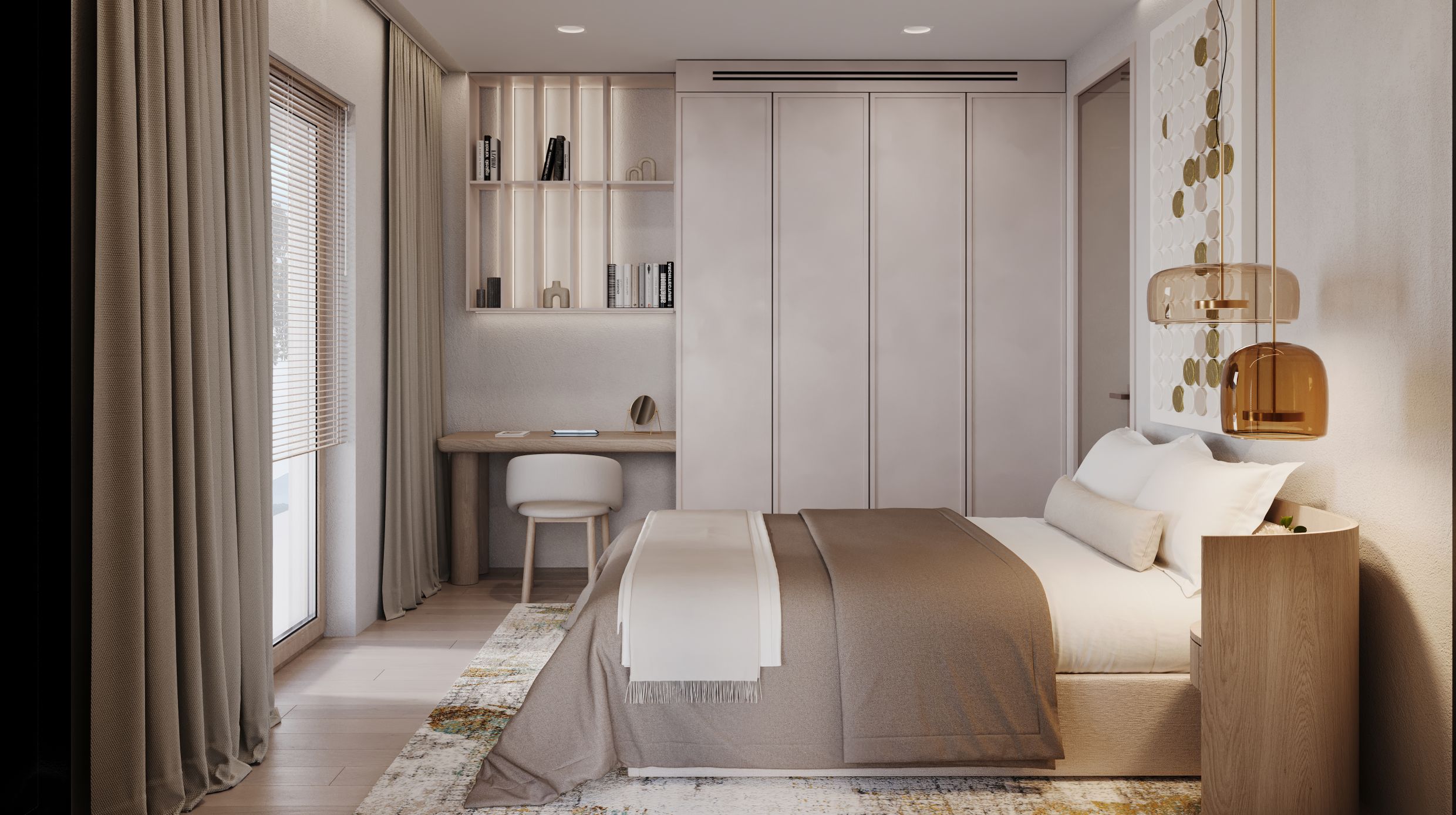 Modern bedroom with a workspace and built-in wardrobe in a residential complex in Tivat, Montenegro. Designer interior in beige tones.