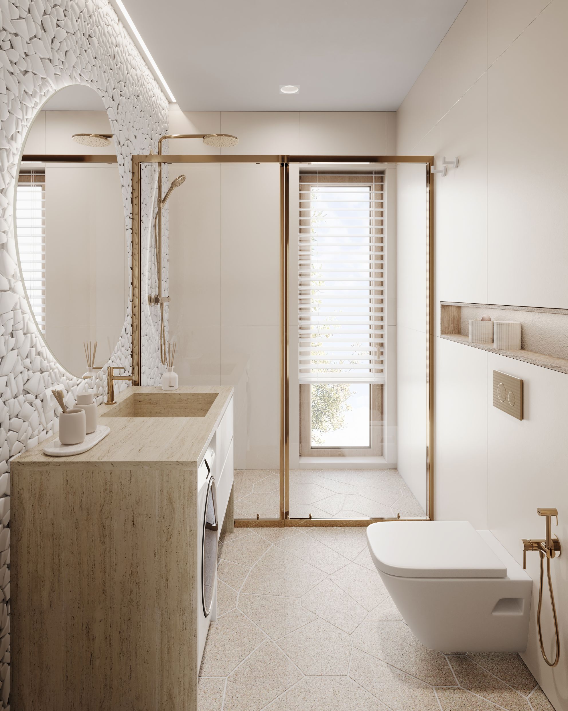 Modern bathroom in a residential complex in Tivat, Montenegro: gold fixtures, stone countertop, and a walk-in shower with a window.