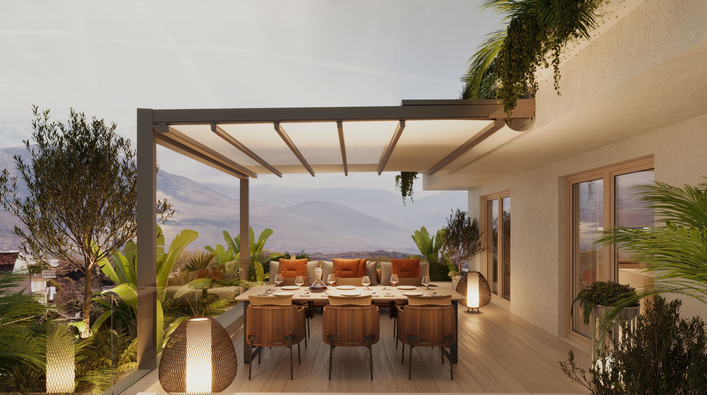 Terrace with a dining area and mountain views in a residential complex, Tivat, Montenegro: modern furniture and lighting.