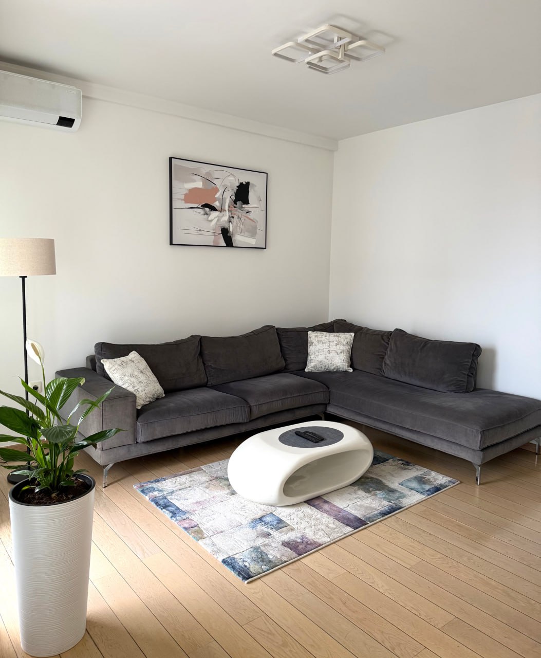 Modern living room with a gray corner sofa and a white coffee table in an apartment, Podgorica, Montenegro.