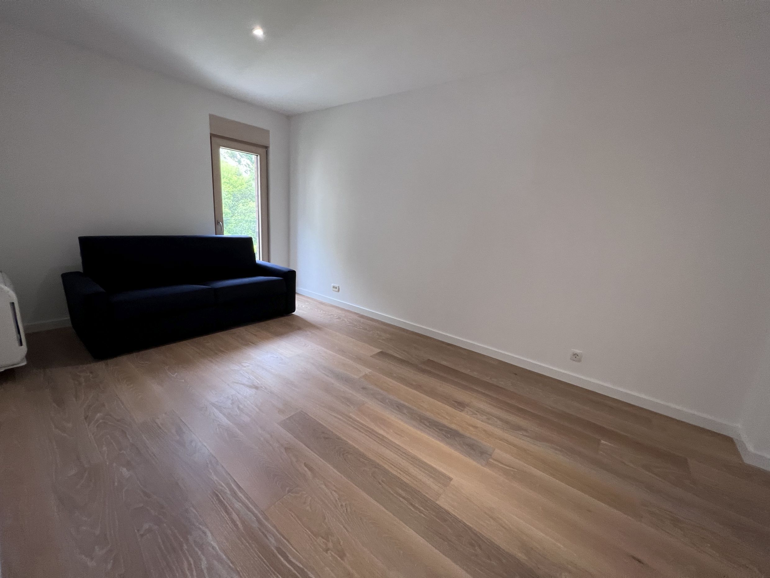 Bright living room with parquet flooring and a dark sofa in an apartment in Kotor, Montenegro. Modern interior with white walls.