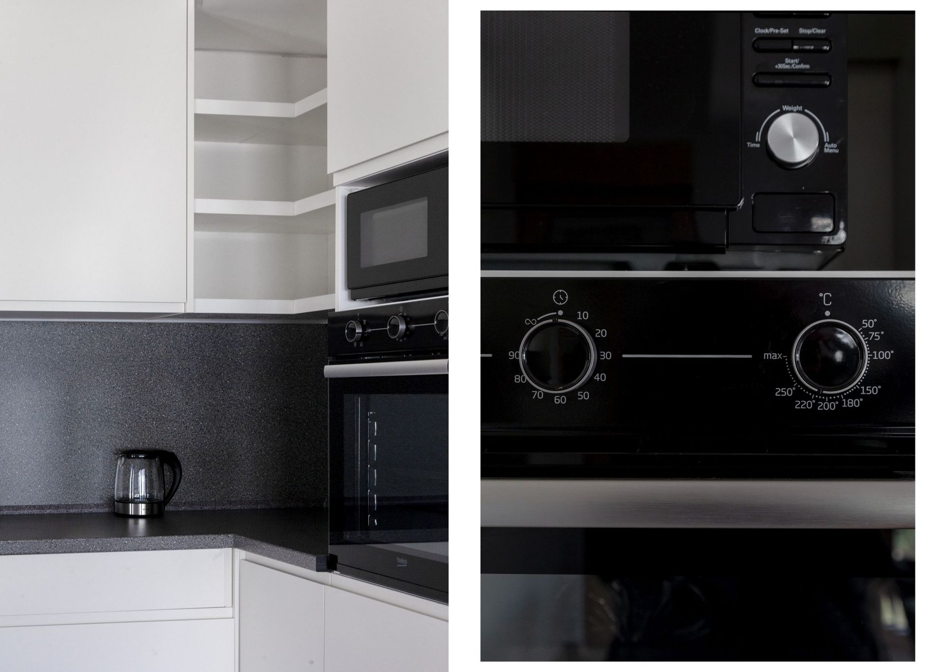 Modern kitchen in an apartment in Kotor, Montenegro: built-in Beko appliances, oven and microwave.