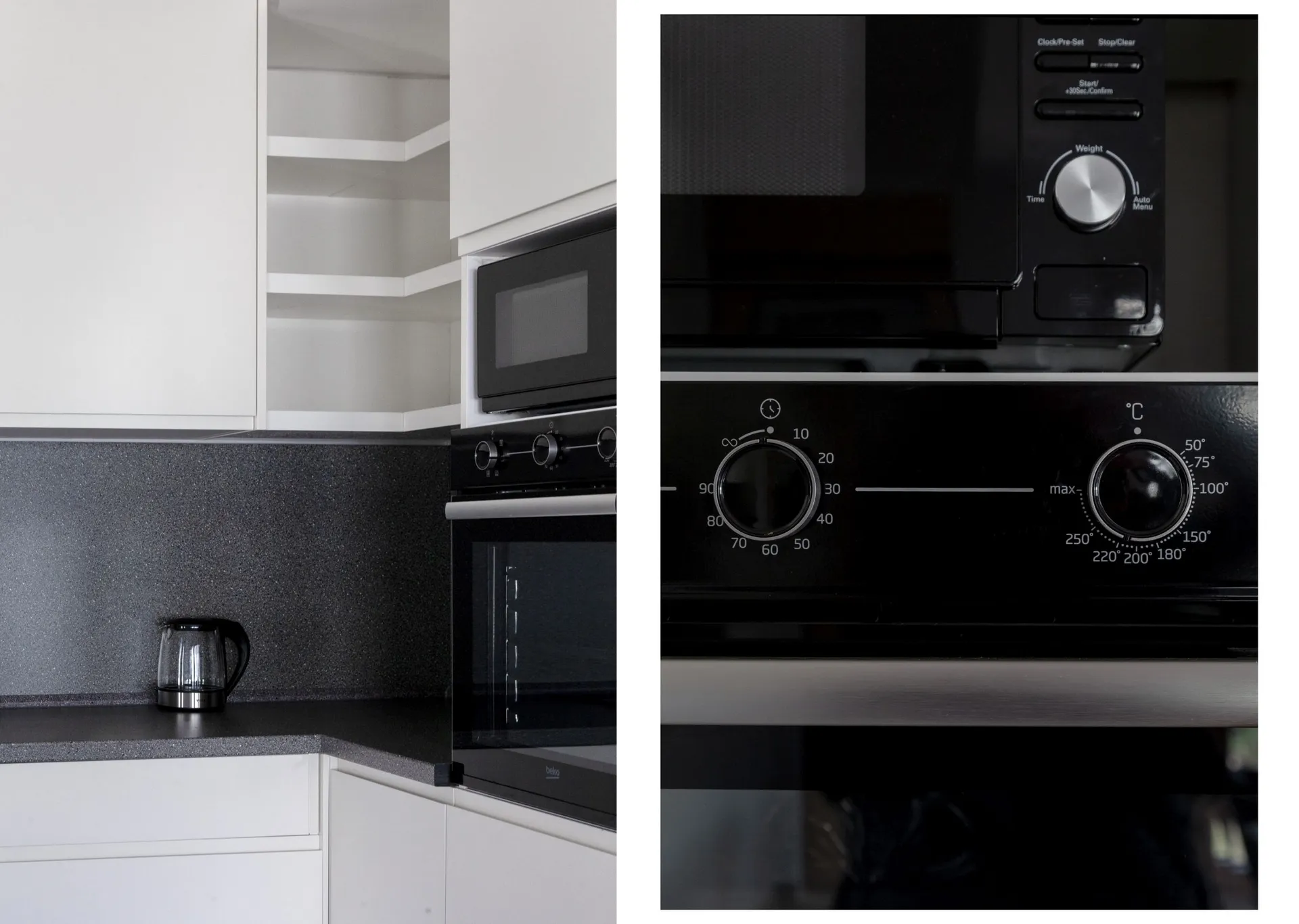 Modern kitchen with white cabinets, dark countertop, microwave and built-in oven.