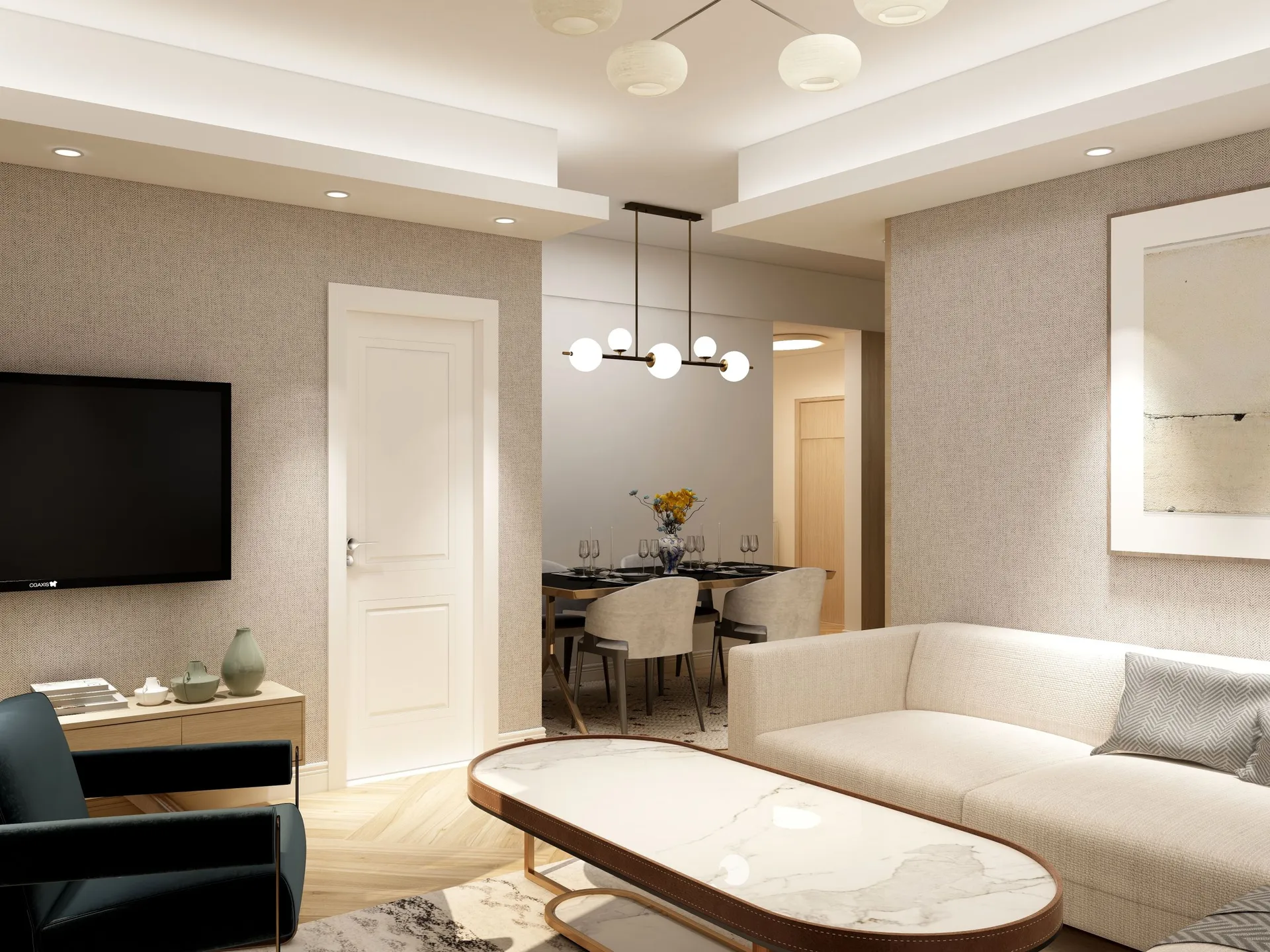 Modern living room with a beige sofa, marble coffee table, wall-mounted TV, and textured wallpaper.