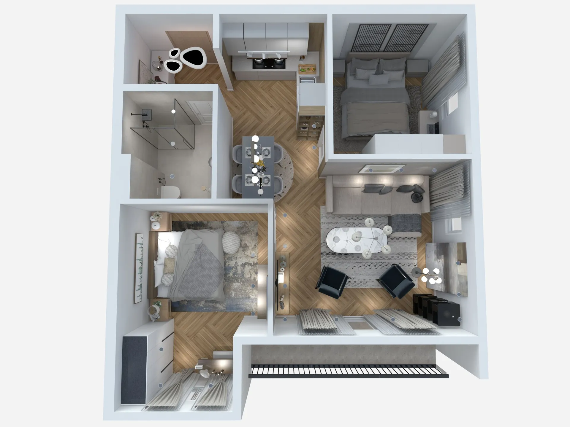 3D floor plan of a two-bedroom apartment featuring a living room, kitchen, bathroom, and balcony.
