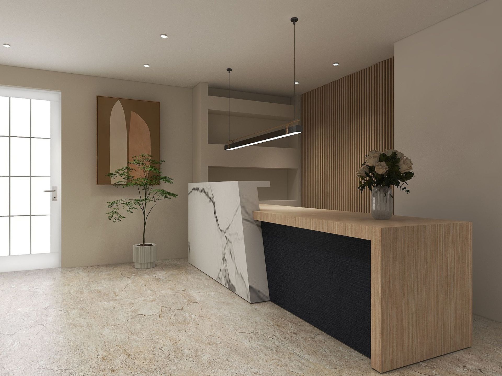 Modern marble and wood reception desk in a residential complex interior, Sutomore, Montenegro.