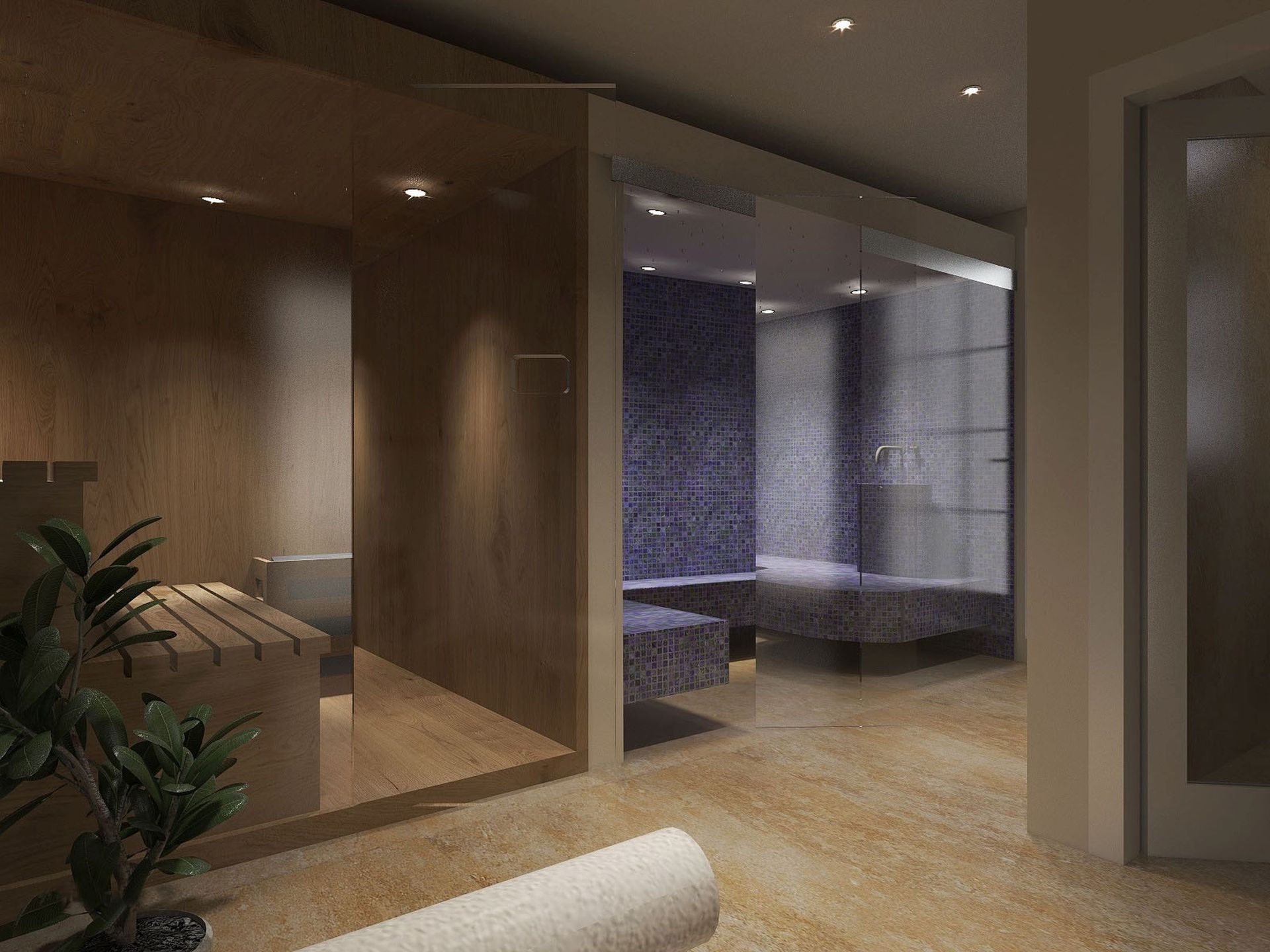 Modern sauna and hammam with mosaic finishes in a luxury apartment, Sutomore, Montenegro.