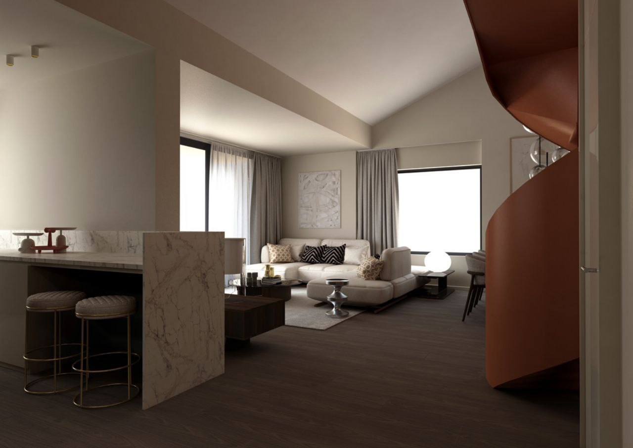 Modern living room in a penthouse in Budva, Montenegro: marble bar counter, spiral staircase, and upholstered furniture.