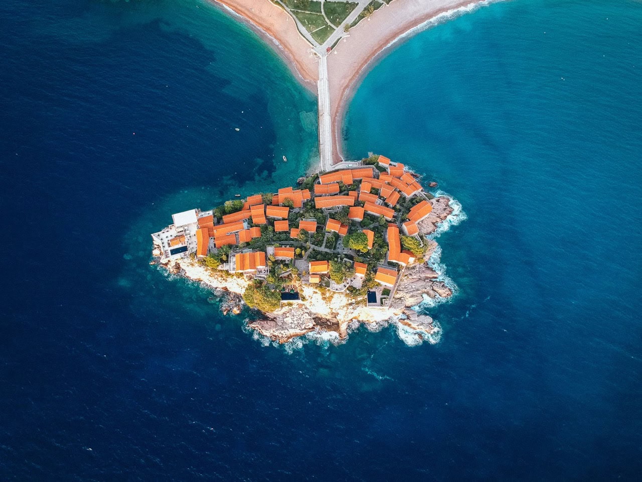 Beaches of Montenegro: island Sveti Stefan, Montenegro. Miločer Beach, Queen's Beach (Kraljičina Plaža):