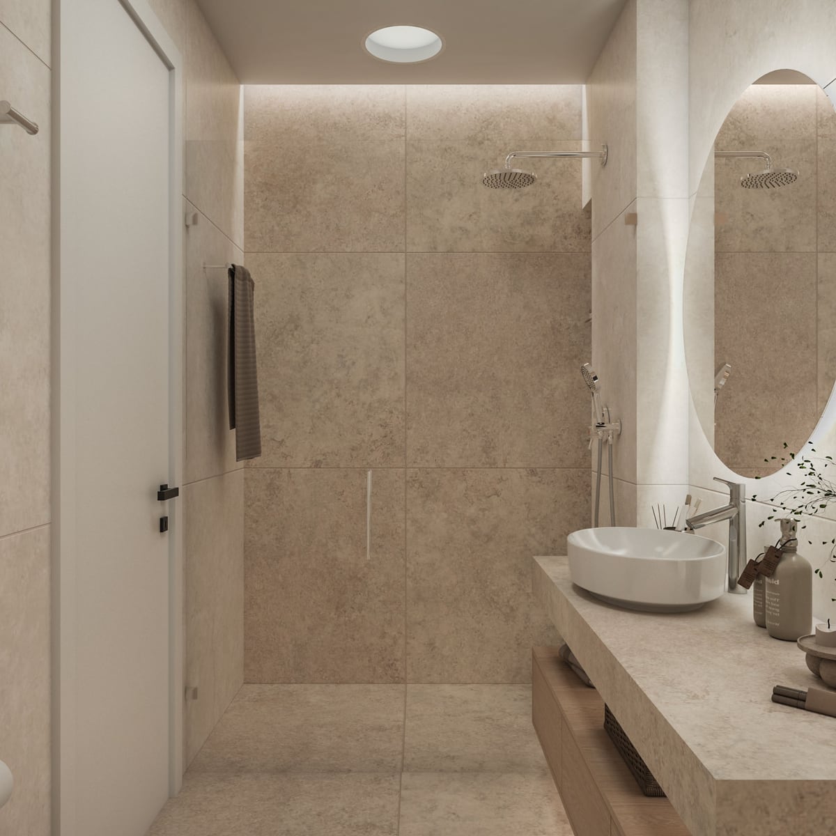 Modern bathroom featuring a walk-in shower, round backlit mirror, and vessel sink on a stone vanity counter.