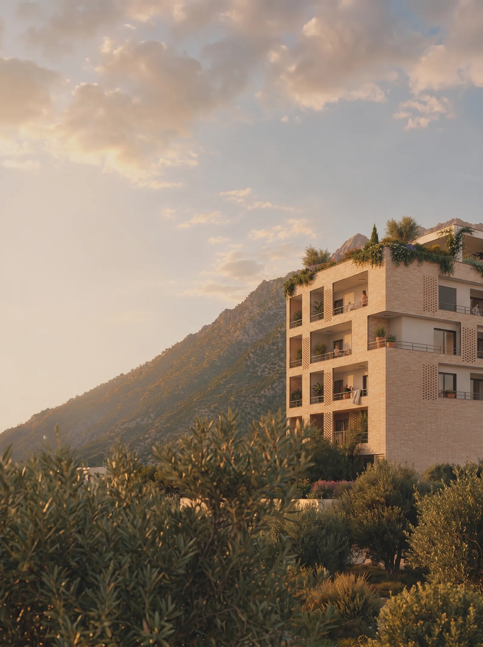 Exterior of a multi-story building with balconies set against a mountain and greenery at sunset.