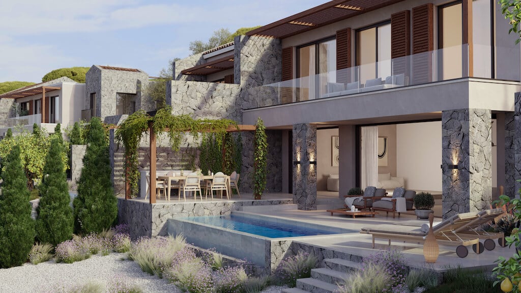 Modern villa in Luštica, Montenegro: private pool, terrace with dining area, stone finishing, and panoramic windows.