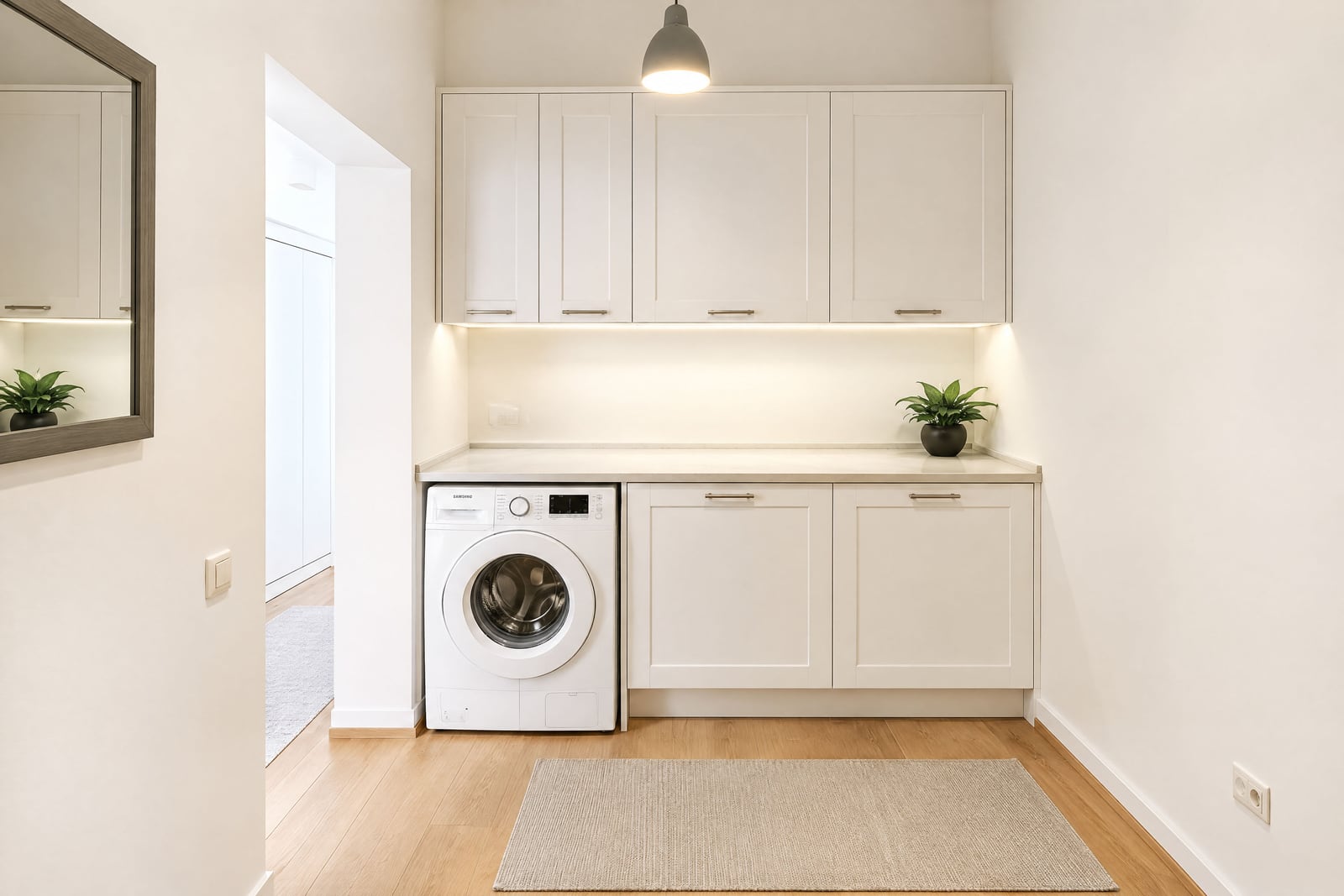 Bright laundry room featuring a white washing machine, upper and lower cabinets, and wood flooring.