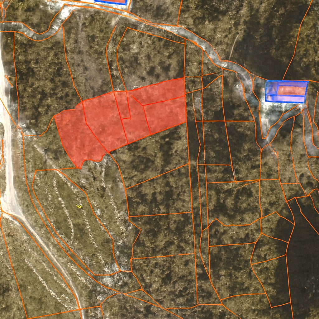 Cadastral map of a land plot in Blizikuće, Montenegro: top-down view of the marked building plot.