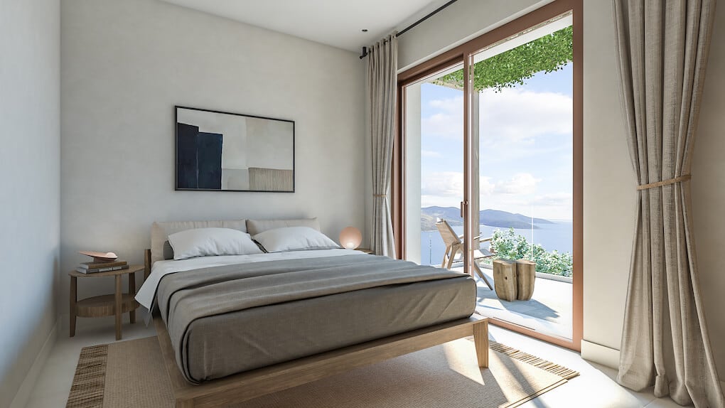 Modern bedroom in a villa in Luštica, Montenegro: double bed, panoramic sea view, and terrace.