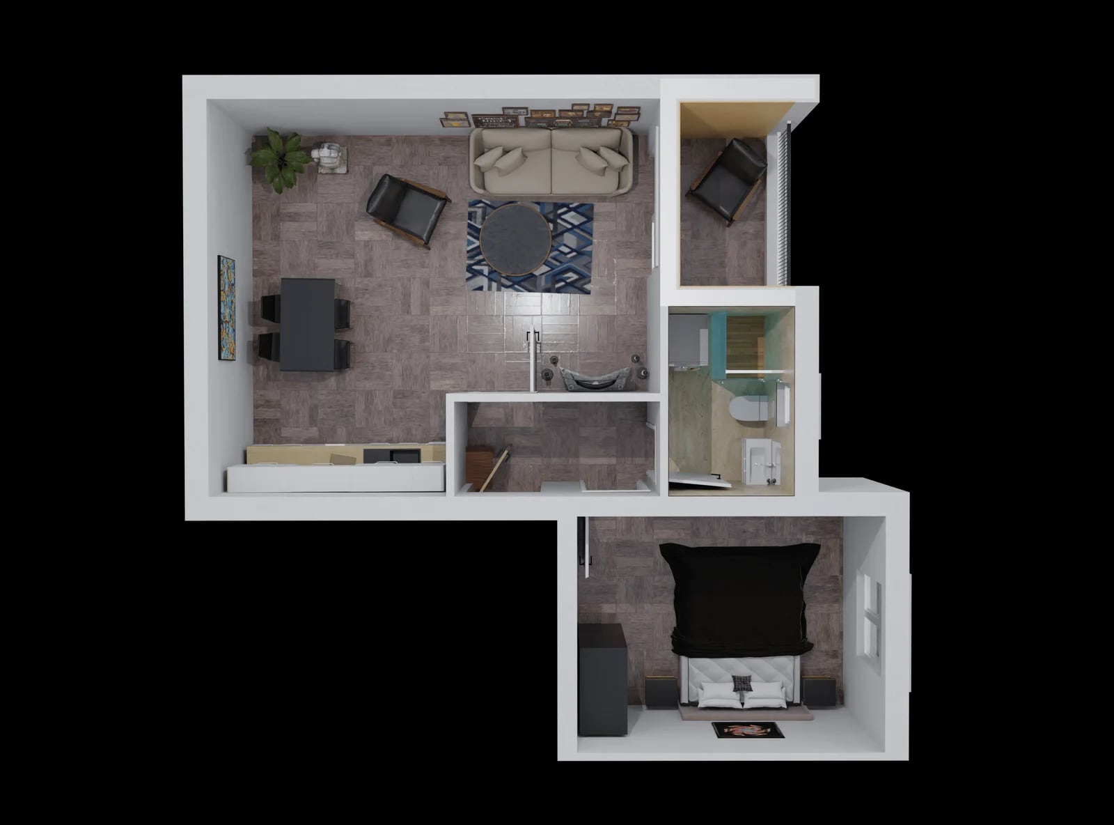 3D floor plan of an apartment in Bar, Montenegro: living room with furniture, dining area, bedroom, and bathroom, top view.