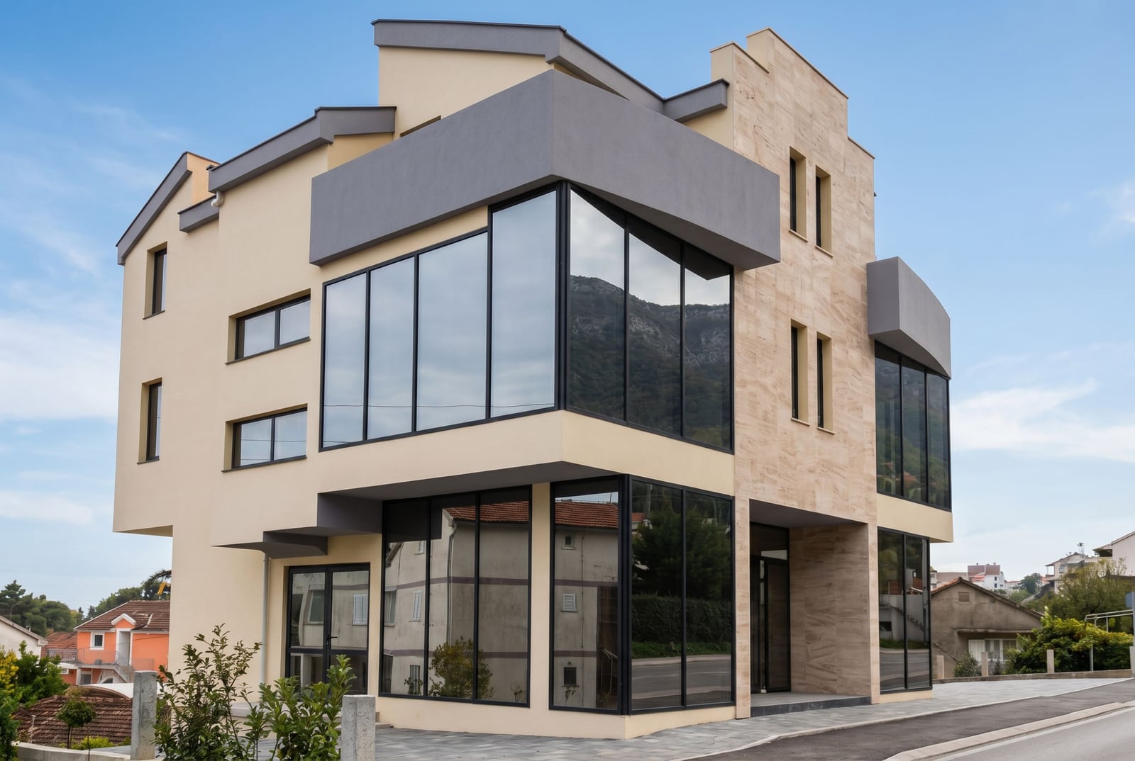 Modern office building with panoramic windows and stone cladding in Baošići, Herceg Novi, Montenegro.