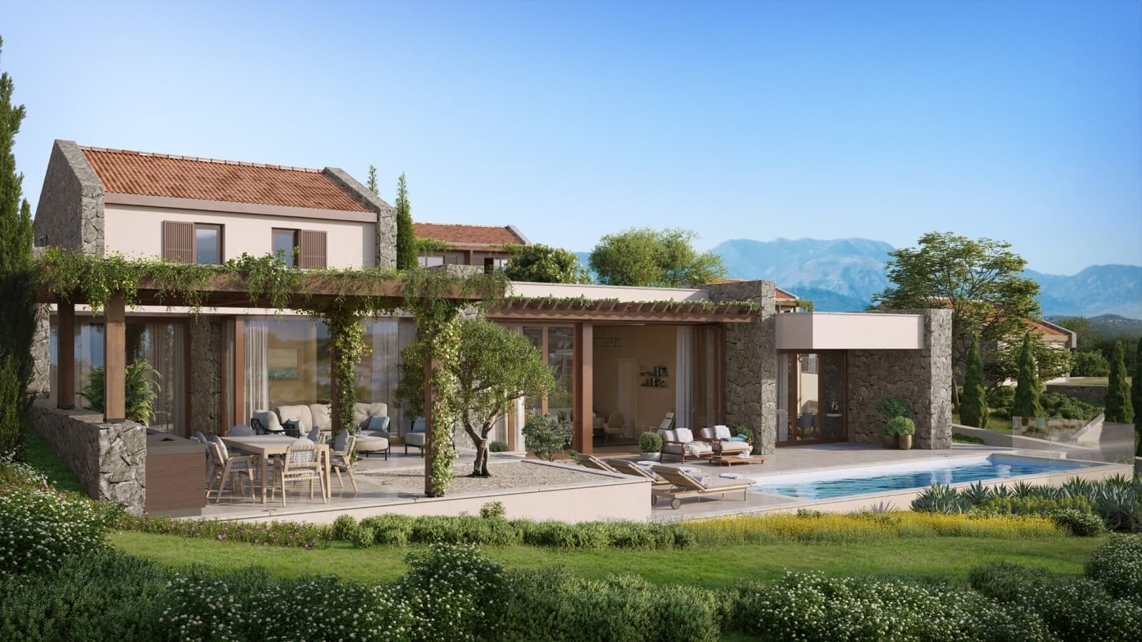 Modern villa in Luštica, Montenegro: terrace with a swimming pool, dining area, stone finish, and mountain views.
