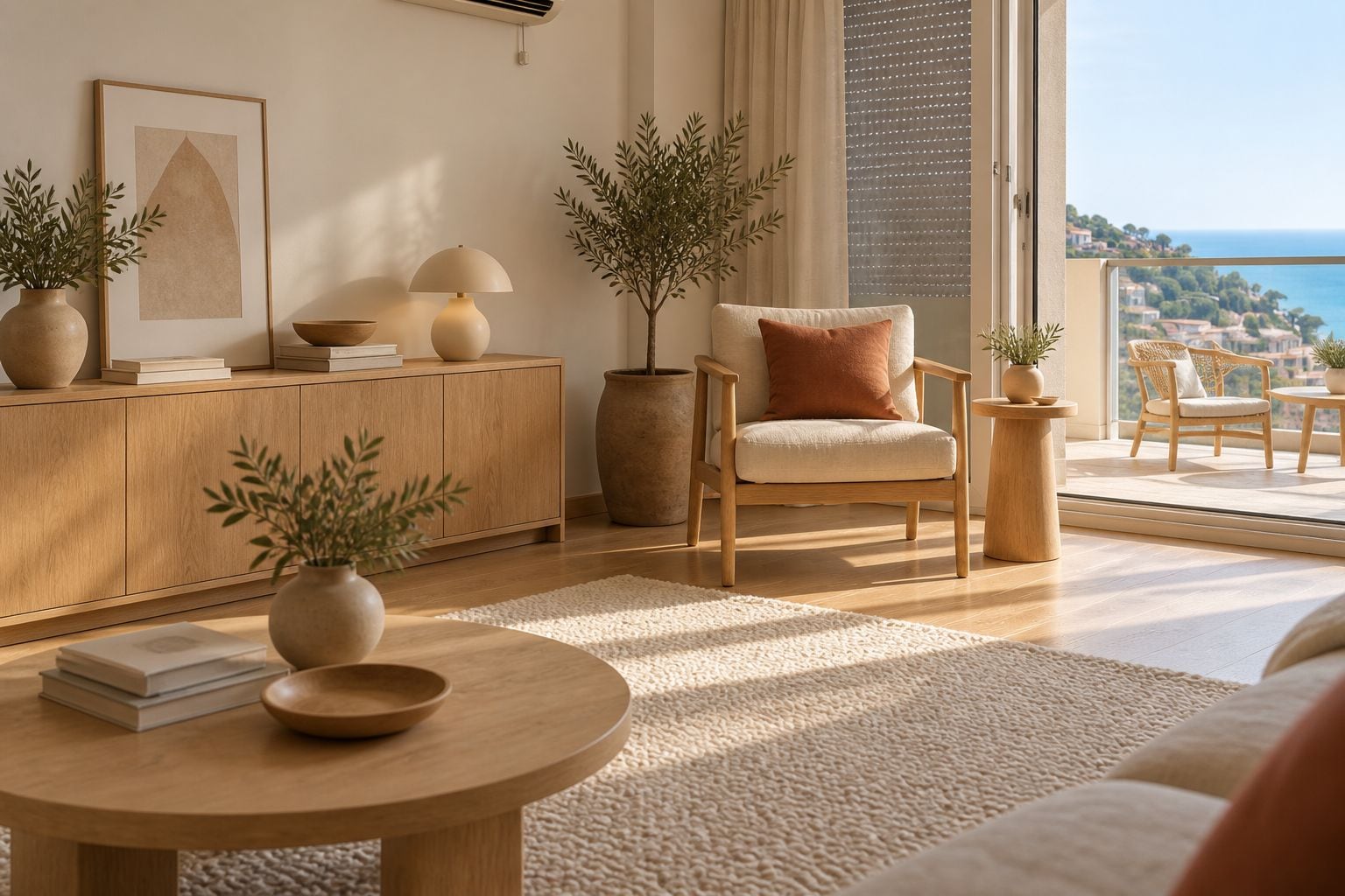Bright room with wooden coffee table, armchair, sideboard, and ocean view through the balcony door.