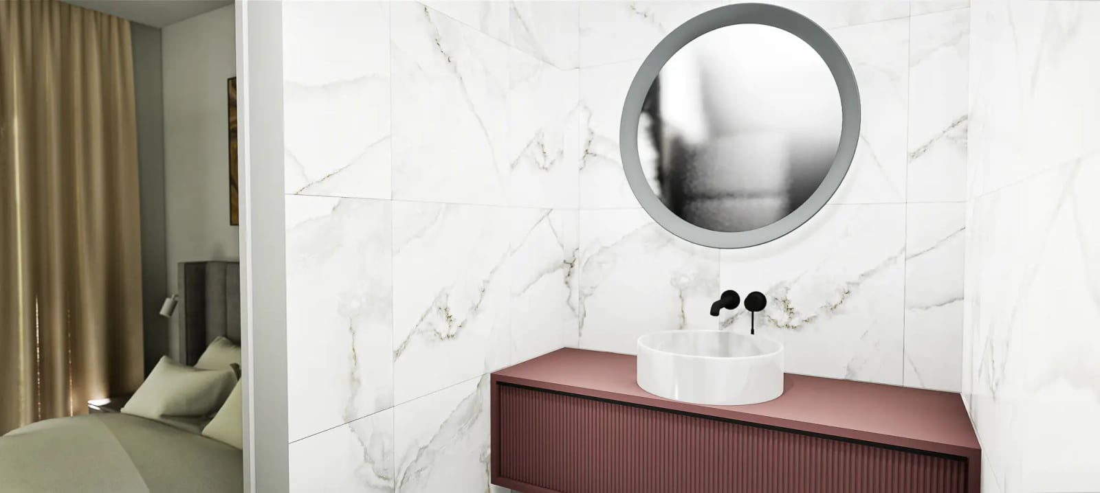 Bathroom in a townhouse, Rezevici, Montenegro: white marble-effect finishes, a round mirror, and a stylish vanity unit.