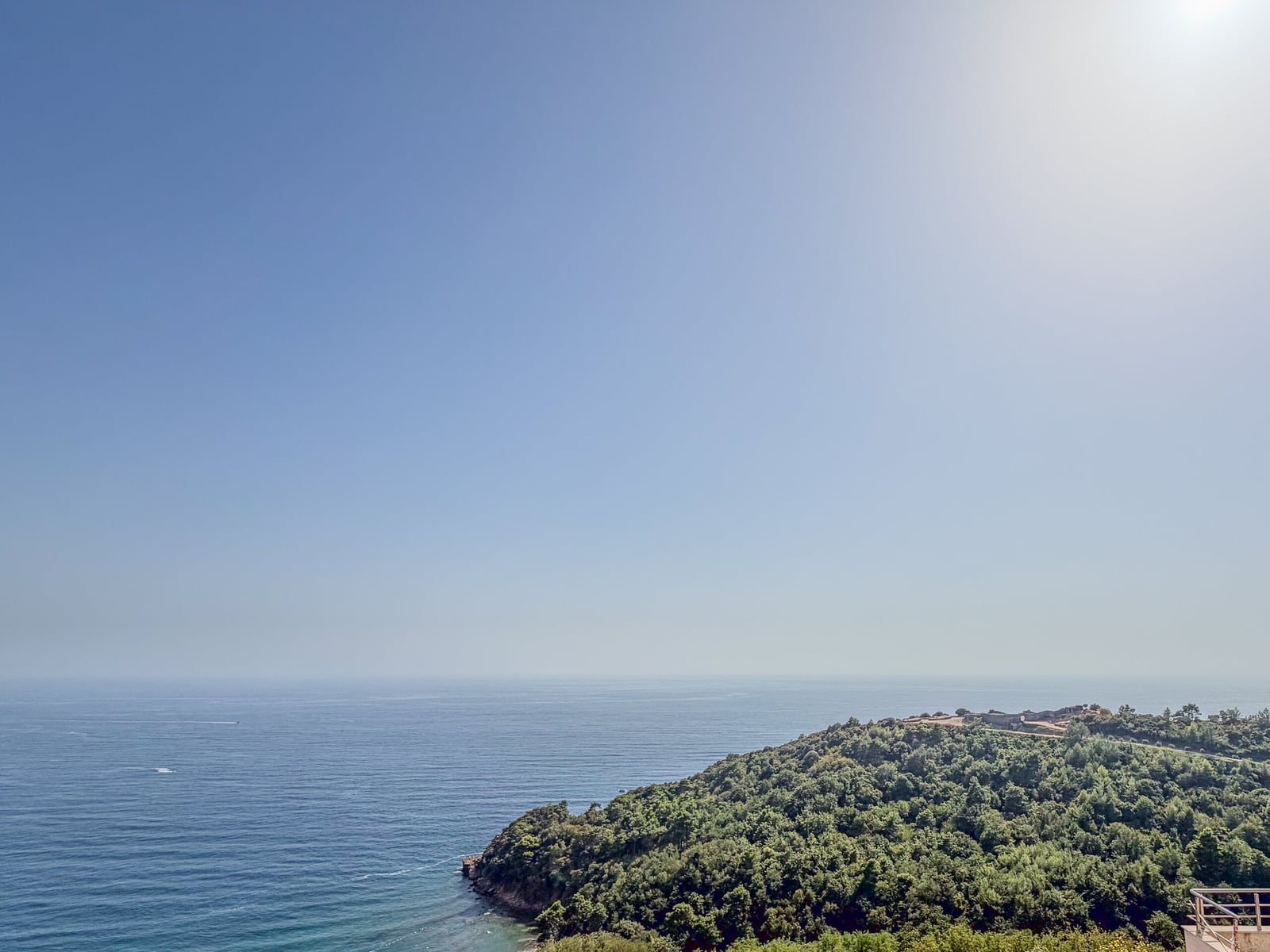 Panoramic view of the blue sea and a green forested peninsula under a clear sky.