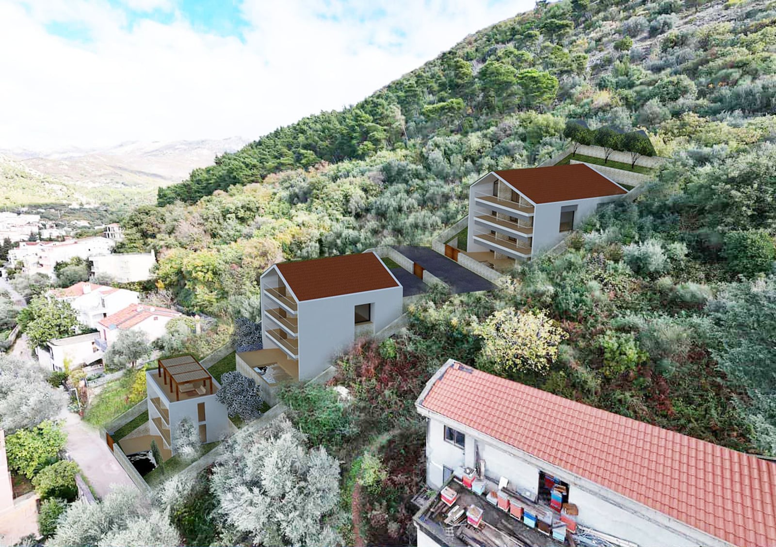 Visualization of a modern villa project on a mountainside in Budva, Montenegro: panoramic view of the residential complex.