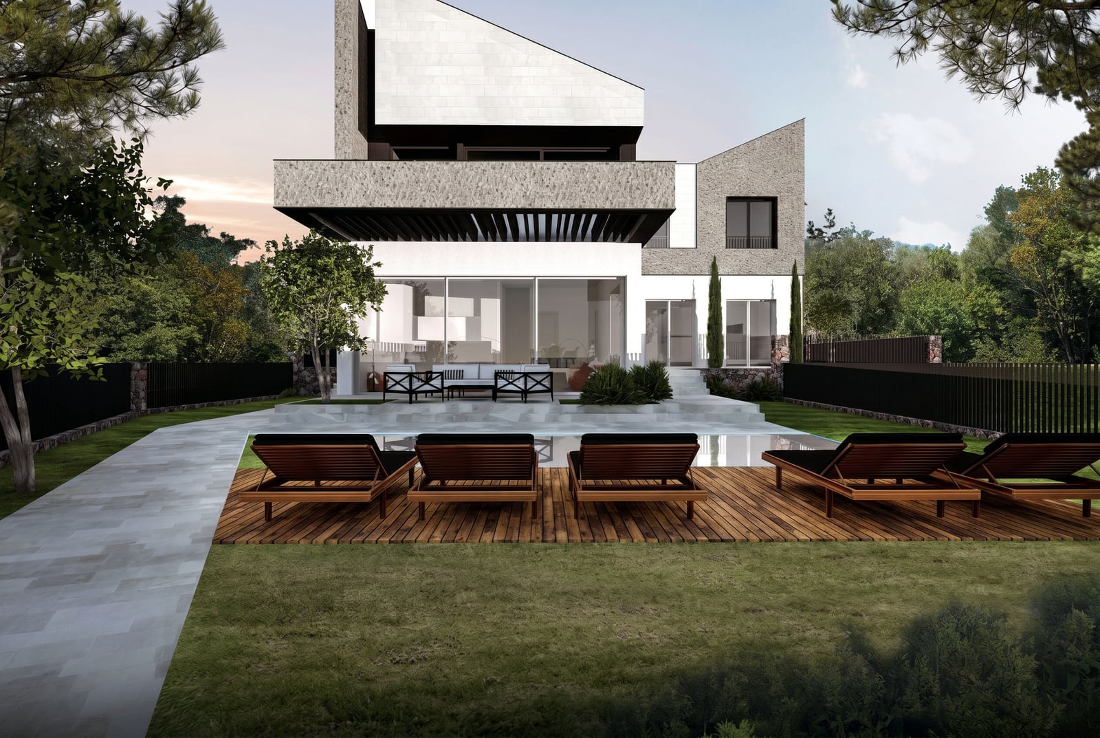 Modern villa in Radovići, Montenegro: swimming pool, wooden terrace with sun loungers, and landscaped garden.
