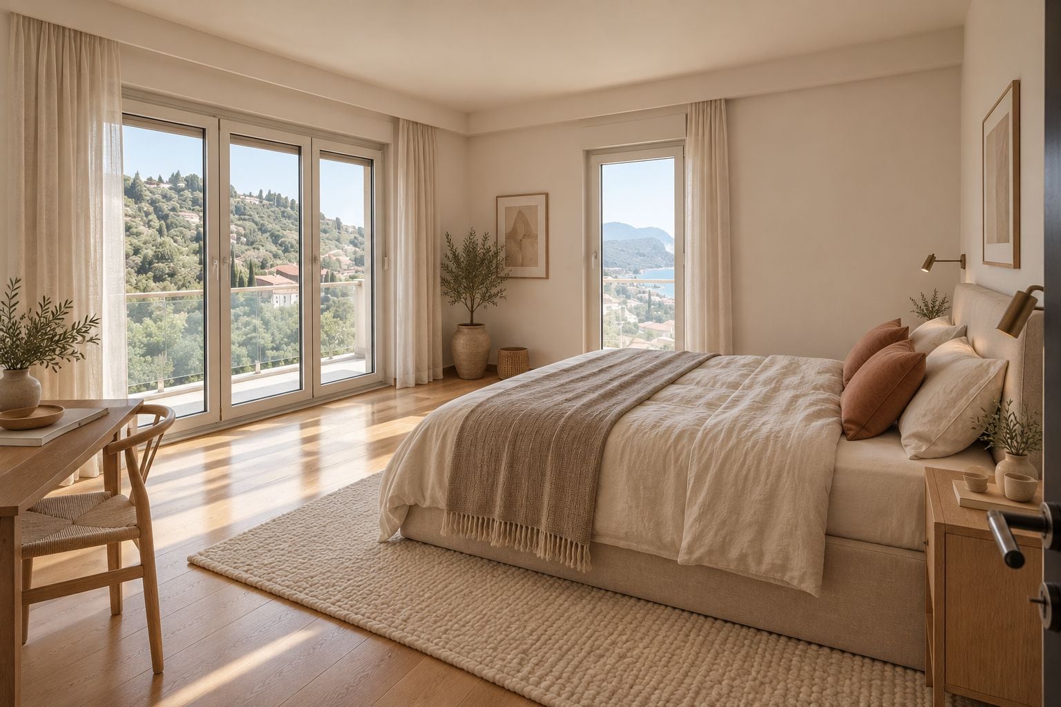 Bright bedroom featuring a large bed, wooden desk, and floor-to-ceiling windows overlooking hills and the sea.