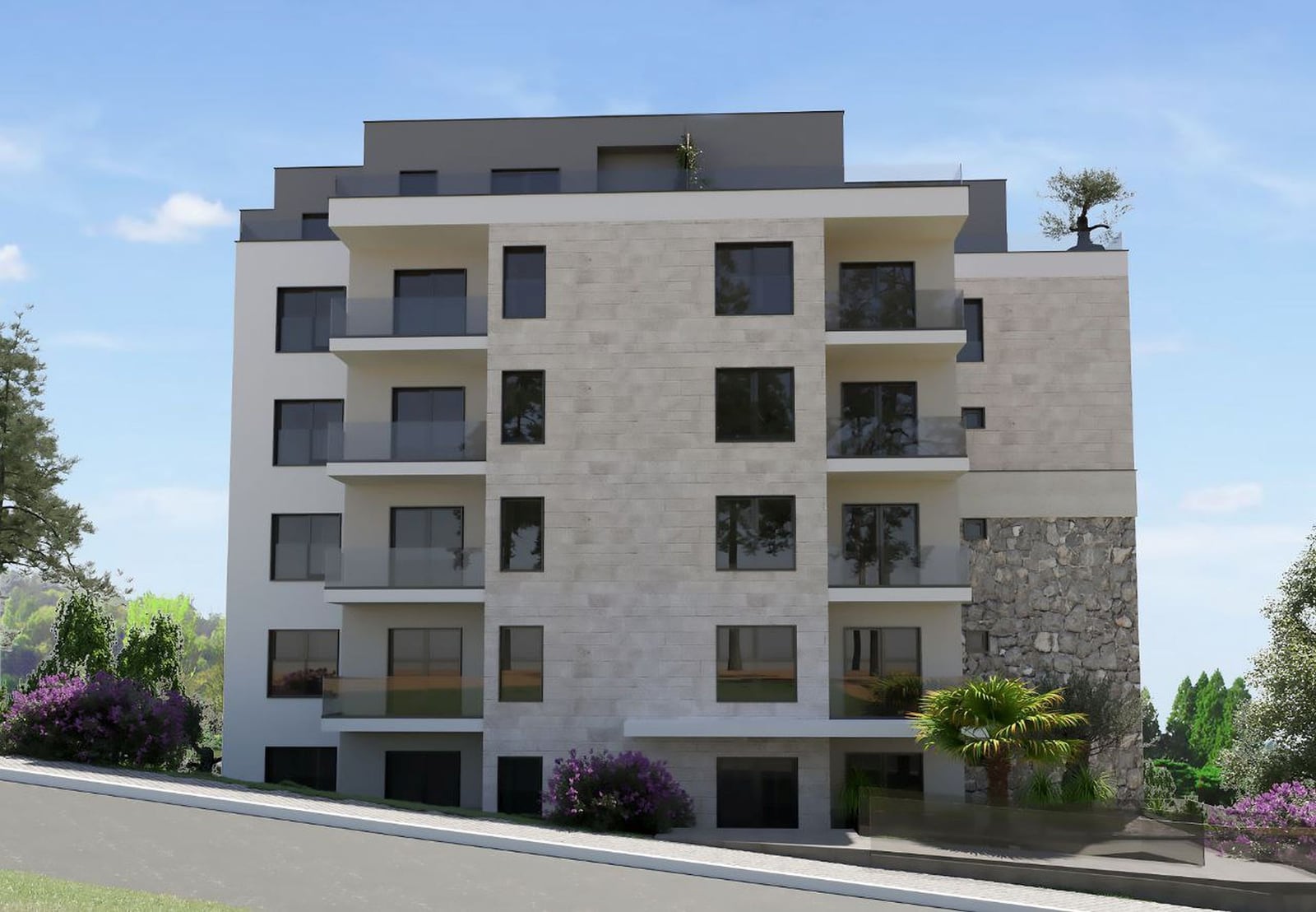 Exterior view of a modern multi-story residential building featuring balconies and stone facade.