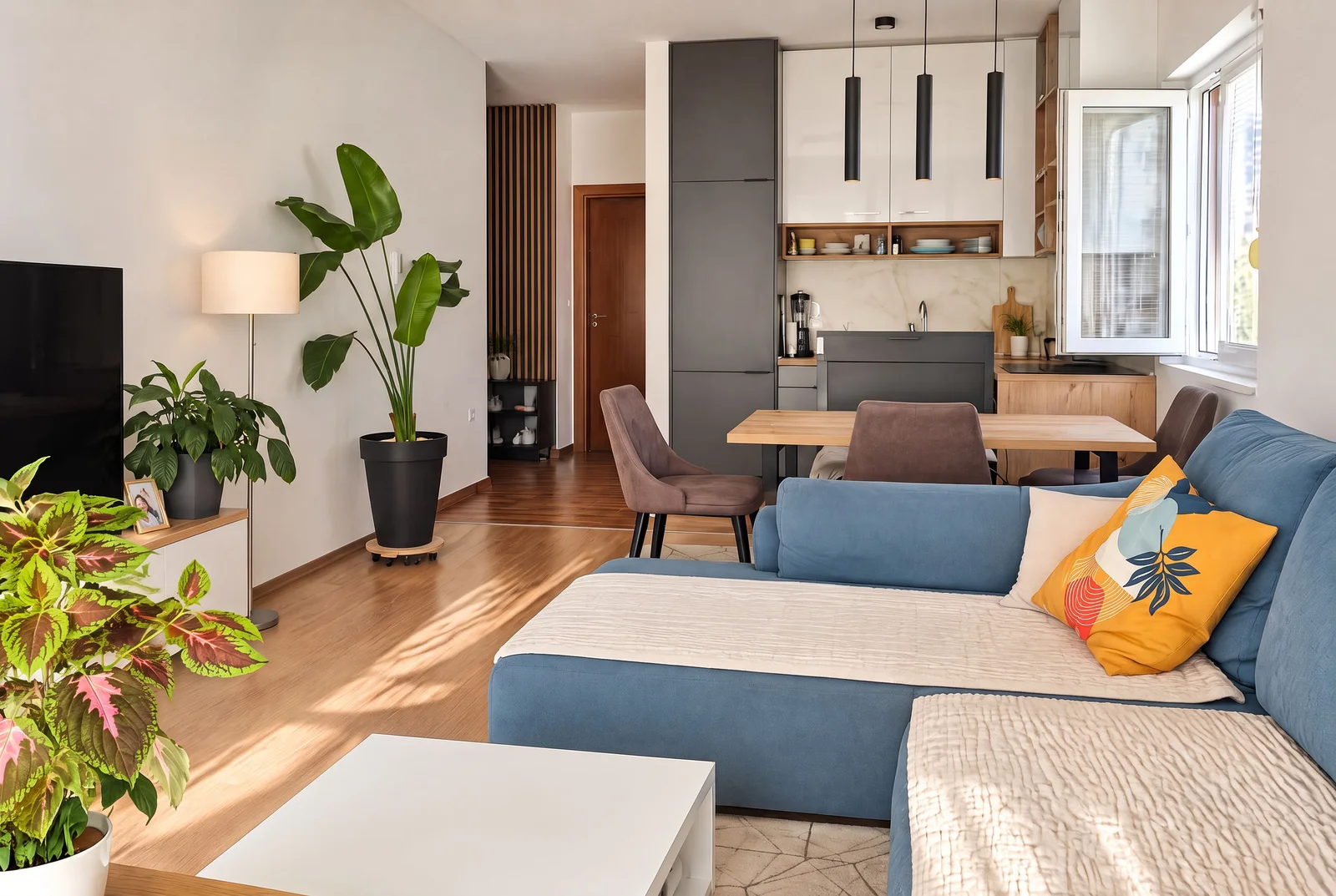 Modern living room featuring a blue sofa, wooden dining table, and an open kitchen in the background.