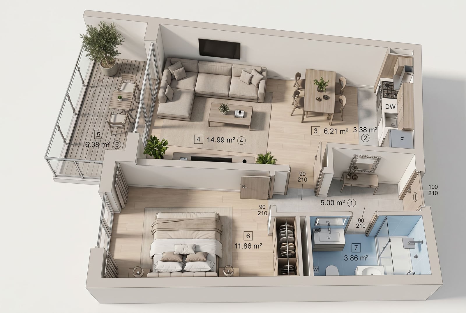 3D layout of an apartment in Bečići, Montenegro: living room with terrace, bedroom, kitchen, and bathroom with modern furniture.