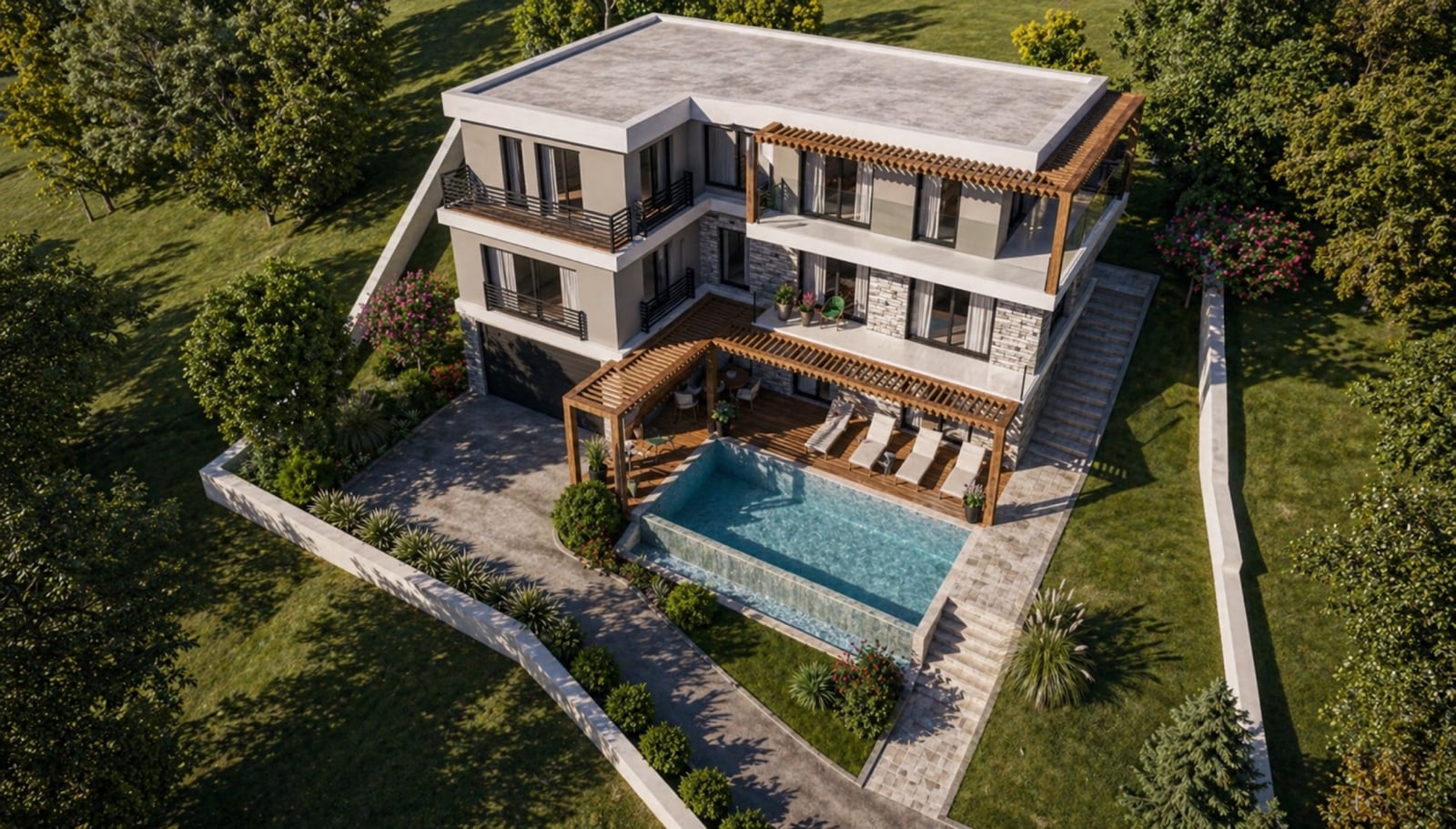 Three-story villa in Kotor, Montenegro: modern design, swimming pool, terrace with pergola, and landscaped plot.