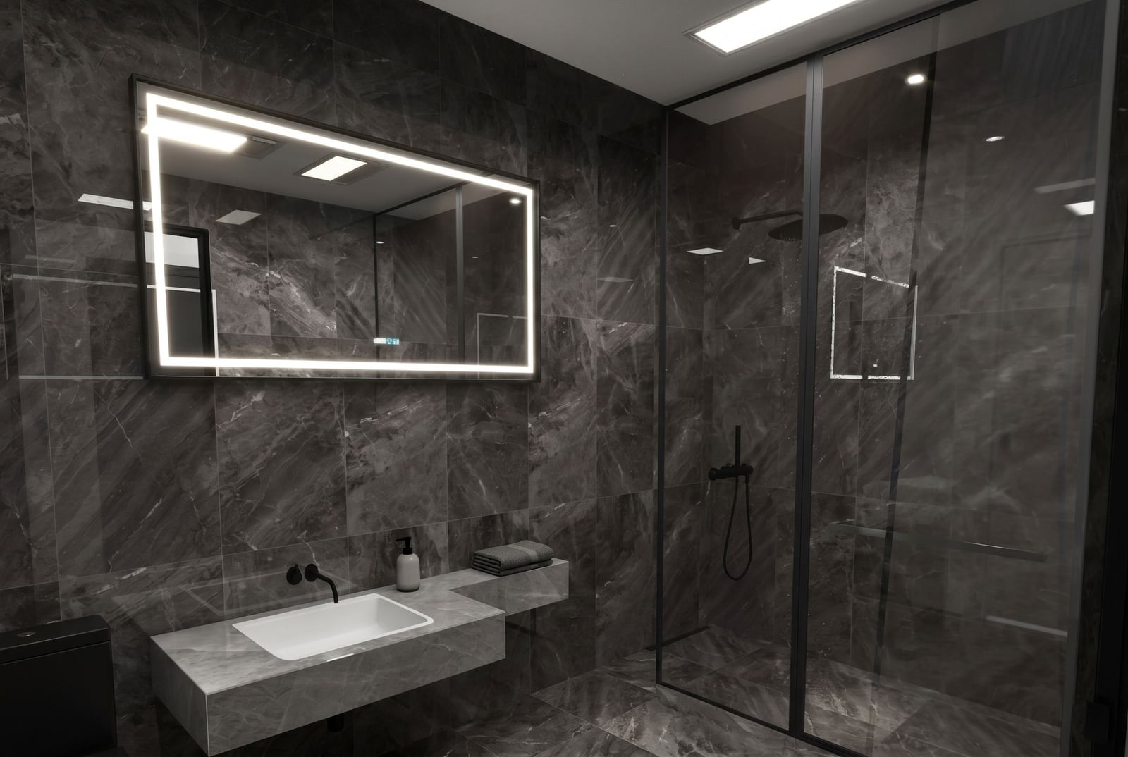 Modern bathroom in an apartment in Bečići, Montenegro: dark marble finish, shower, and LED mirror.