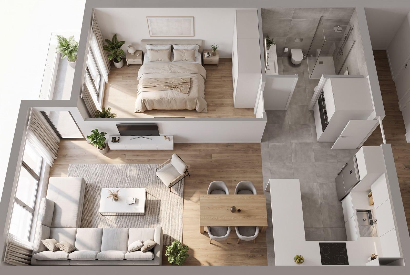3D floor plan of an apartment in Bečići, Montenegro: modern living room, kitchen, bedroom, and bathroom with high-quality finishes.