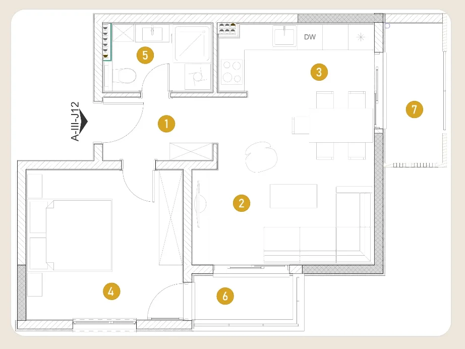 Architectural floor plan of an apartment showing numbered zones for bedroom, kitchen, living room, bathroom, and balcony.