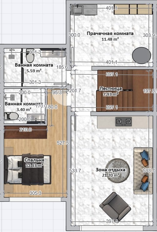 Villa floor plan in Reževići, Montenegro: bedroom, two bathrooms, laundry room, and a furnished lounge area.