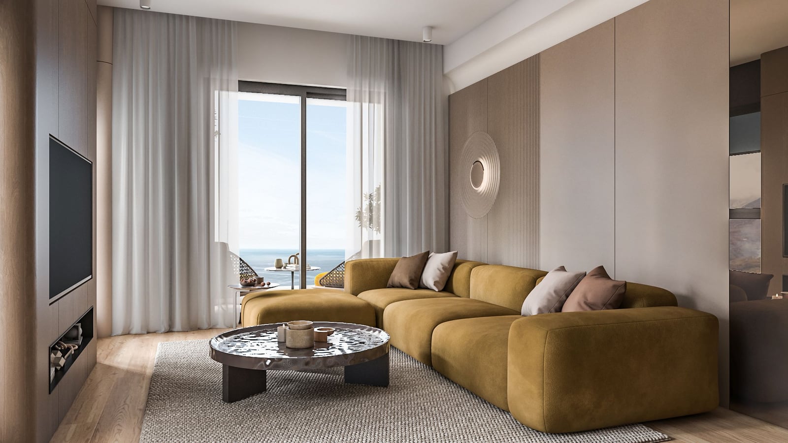 Modern living room in the Bar residential complex, Montenegro: mustard sofa, designer coffee table, and panoramic sea view from the terrace.
