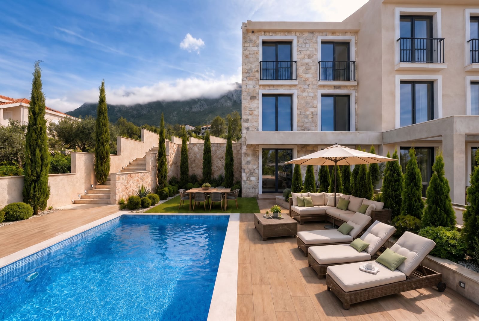 Townhouse with a swimming pool, terrace, and lounge area in Blizikuće, Reževići, Montenegro: modern stone finish.